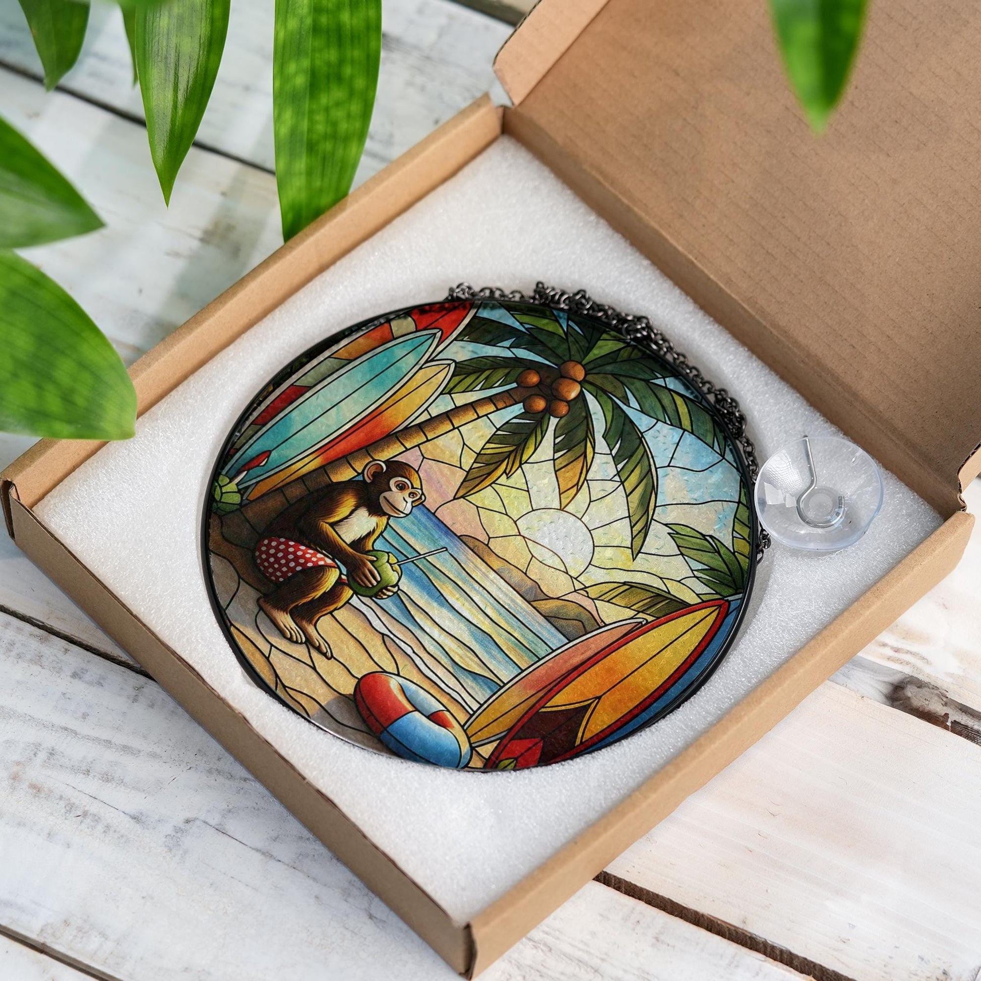 Tropical Beach Monkey Glass Suncatcher | Surfboard Sunset Window Hanging | Fun Animal Ocean Decor for Summer Vibes