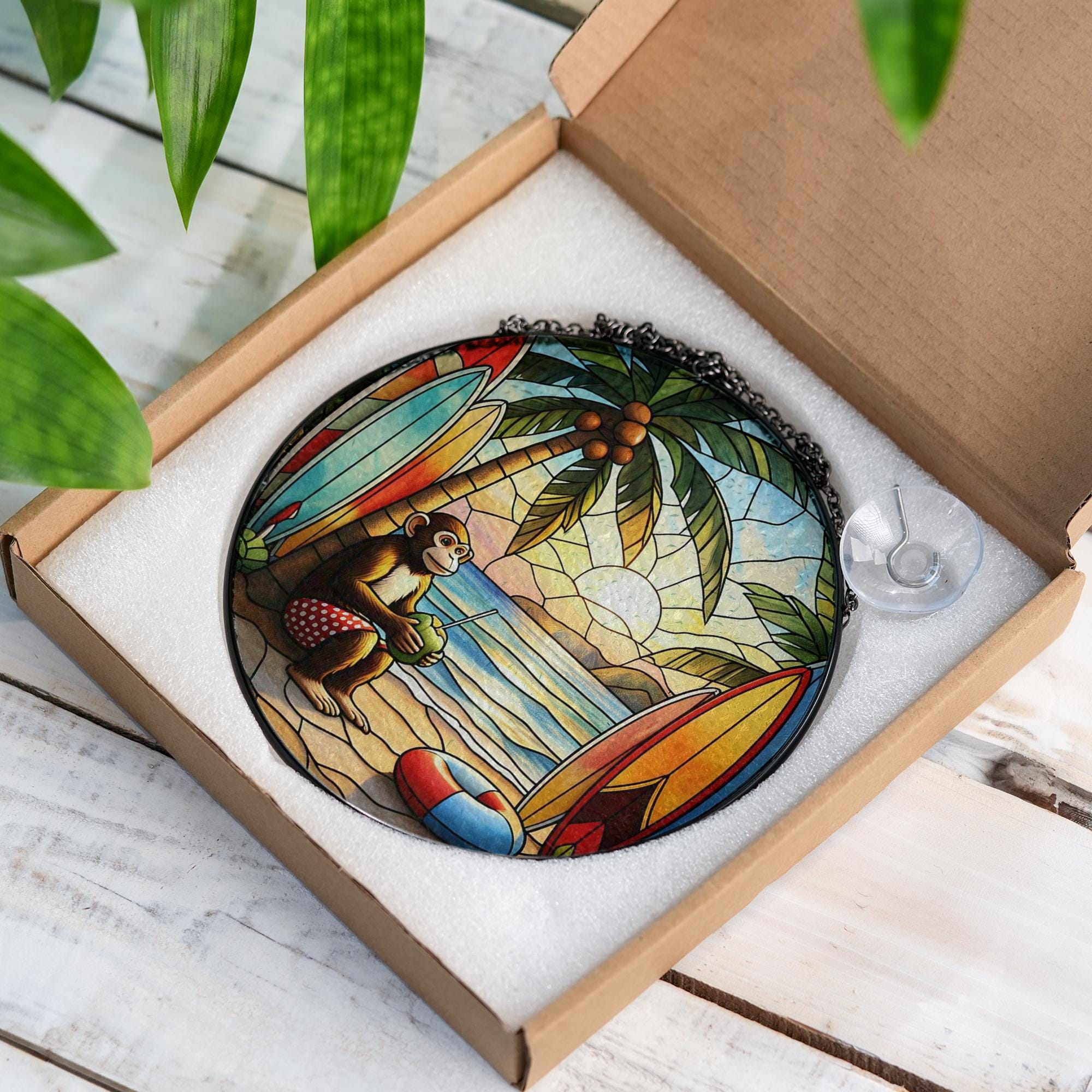Tropical Beach Monkey Glass Suncatcher | Surfboard Sunset Window Hanging | Fun Animal Ocean Decor for Summer Vibes