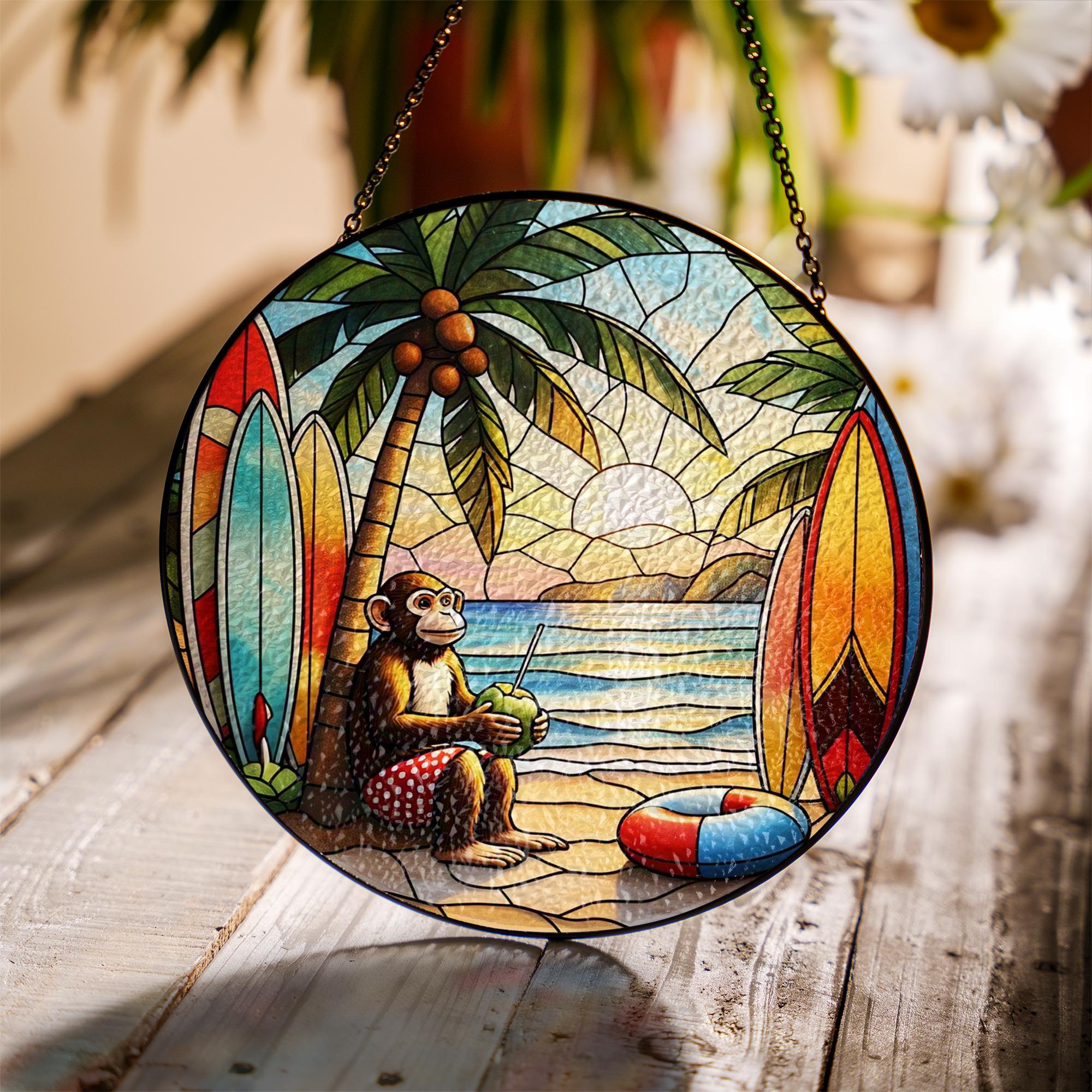 Tropical Beach Monkey Glass Suncatcher | Surfboard Sunset Window Hanging | Fun Animal Ocean Decor for Summer Vibes
