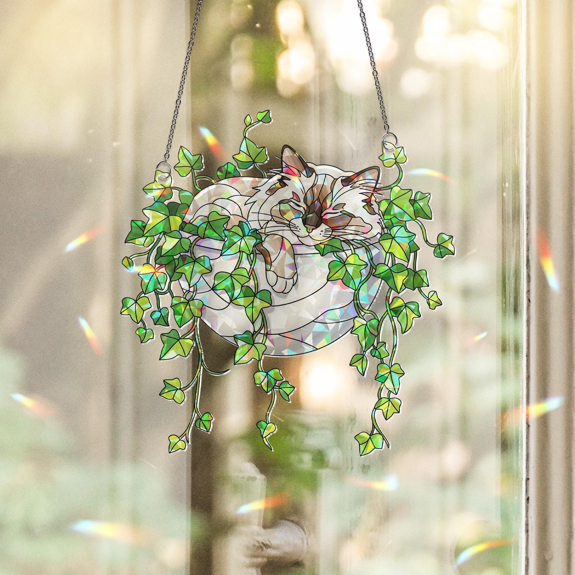 Birman Cat Sleeping on Ivy Hologram Ornament, Cat ACRYLIC Window Hanging | Plant Lover Gift | Ivy Plants Decor, Cozy Cat Decor, Gift For Mom