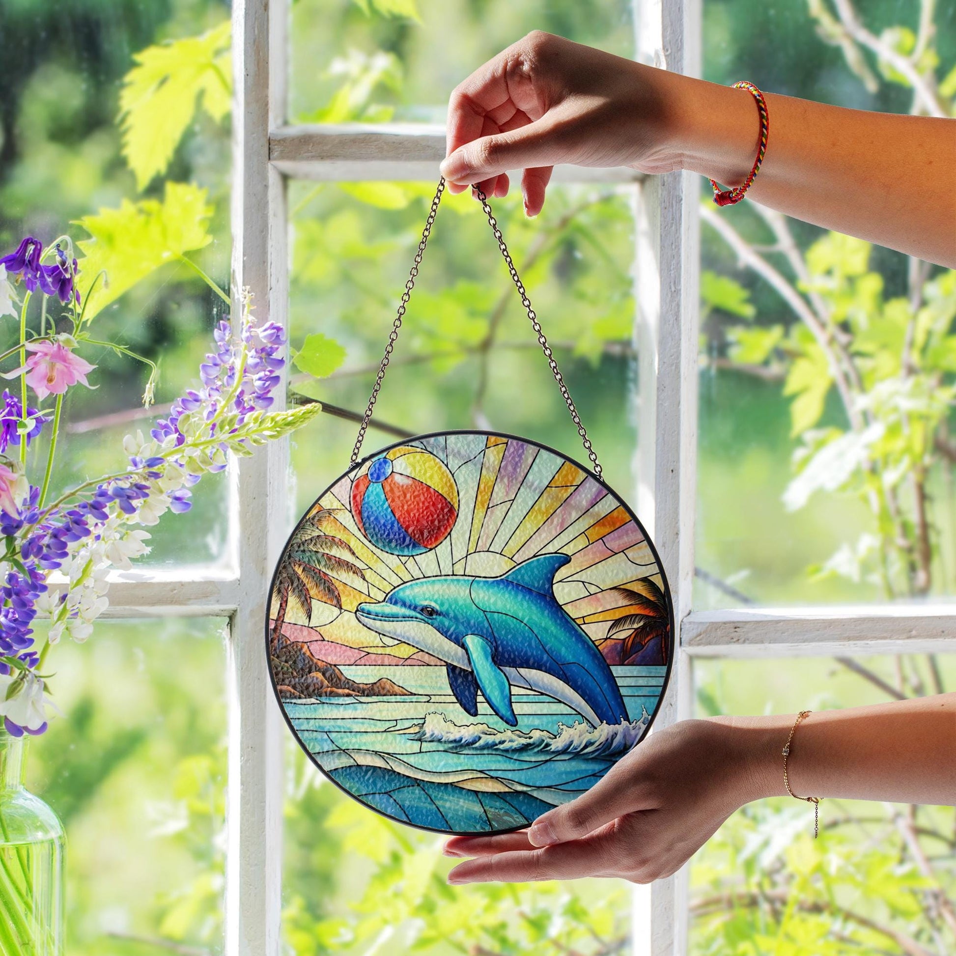 Tropical Dolphin Glass Suncatcher | Ocean Beach Ball Summer Window Hanging | Vibrant Sea Life Coastal Home Decor