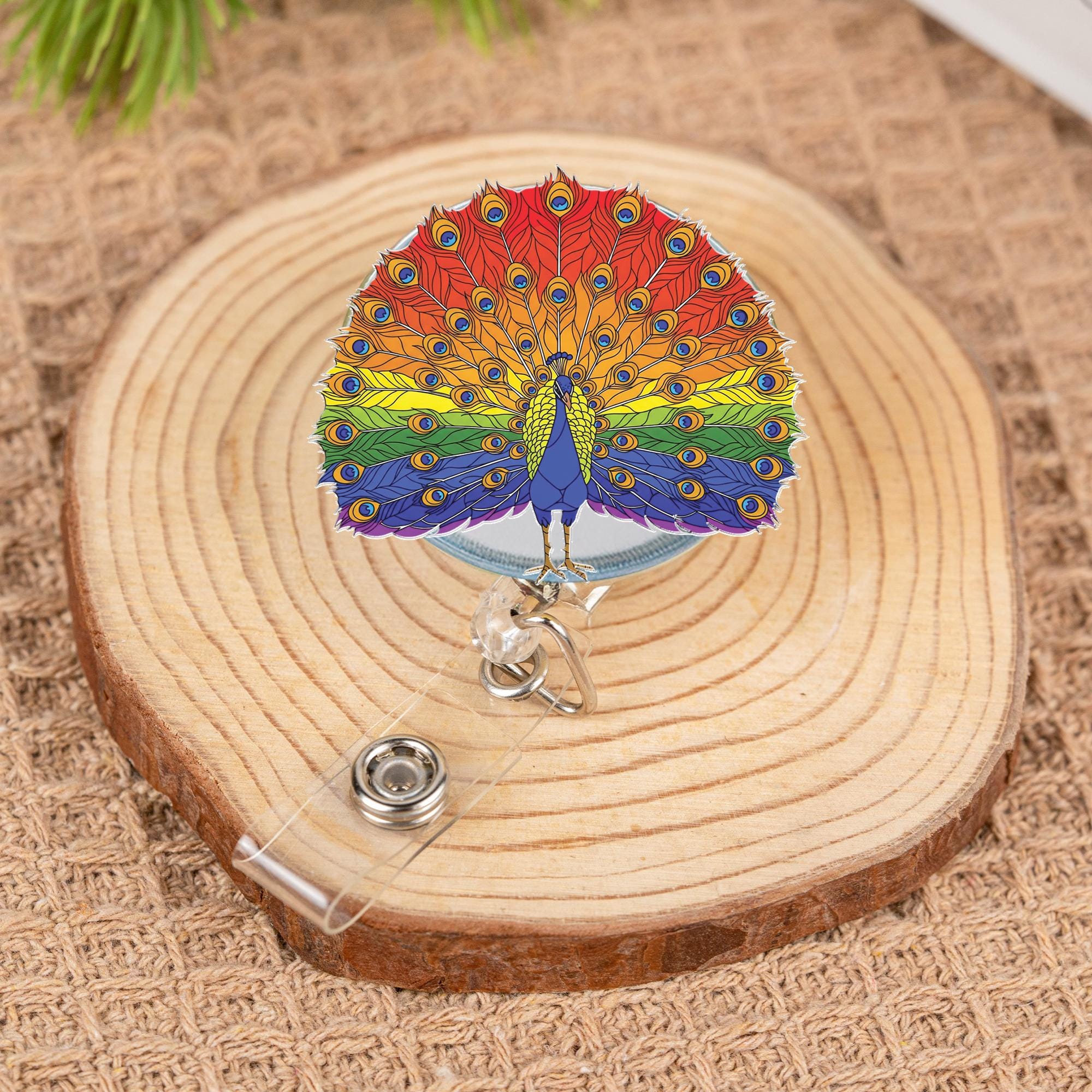 Rainbow Peacock Badge Reel | LGBTQ+ Pride ID Holder | Colorful Retractable Nurse Name Tag Clip | Cute Peacock Office Gift for Nurses