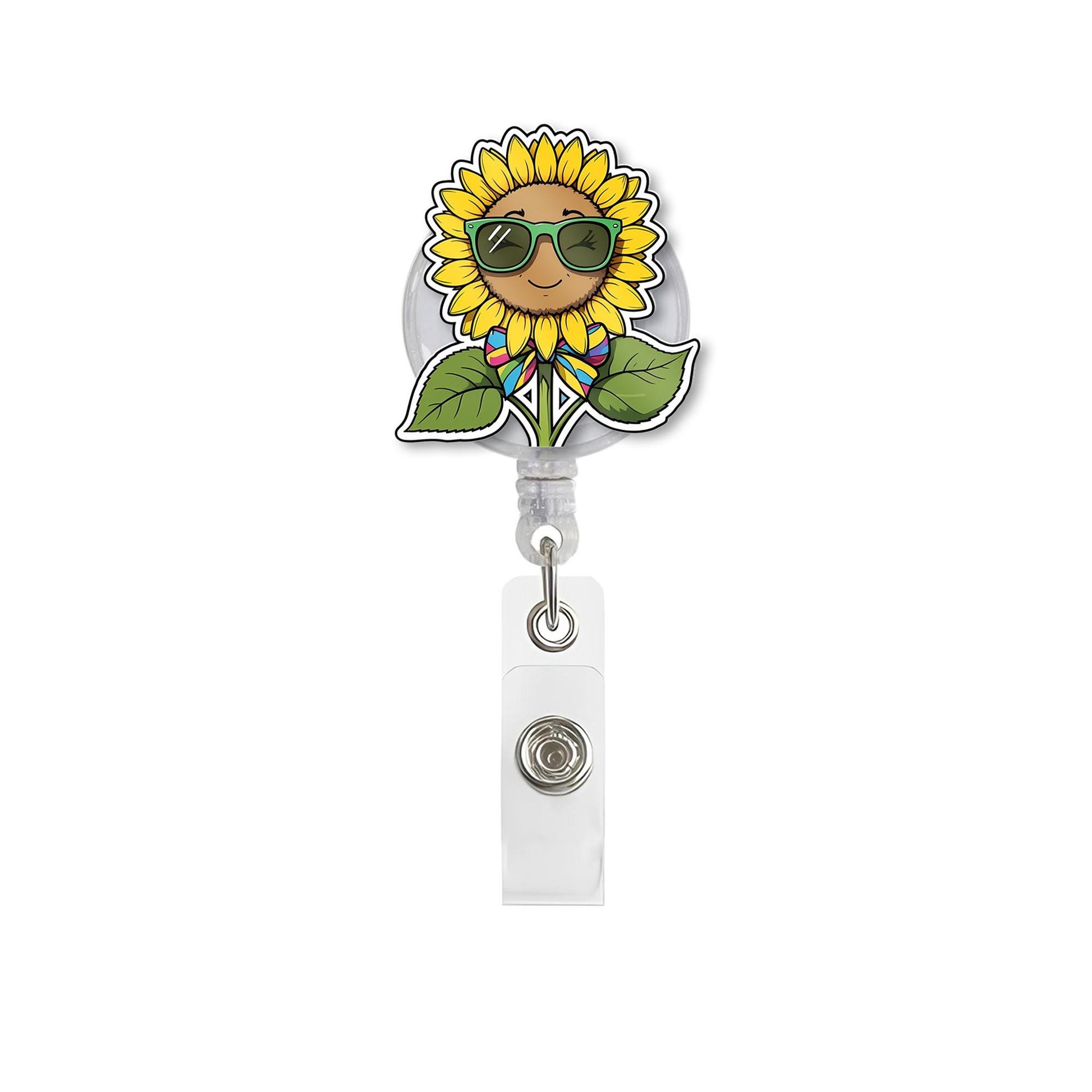 Sunflower Badge Reel with Sunglasses | Cute Nurse ID Holder | Retractable Flower Clip for RN, LPN, Teacher, Office Staff | Summer Badge Reel