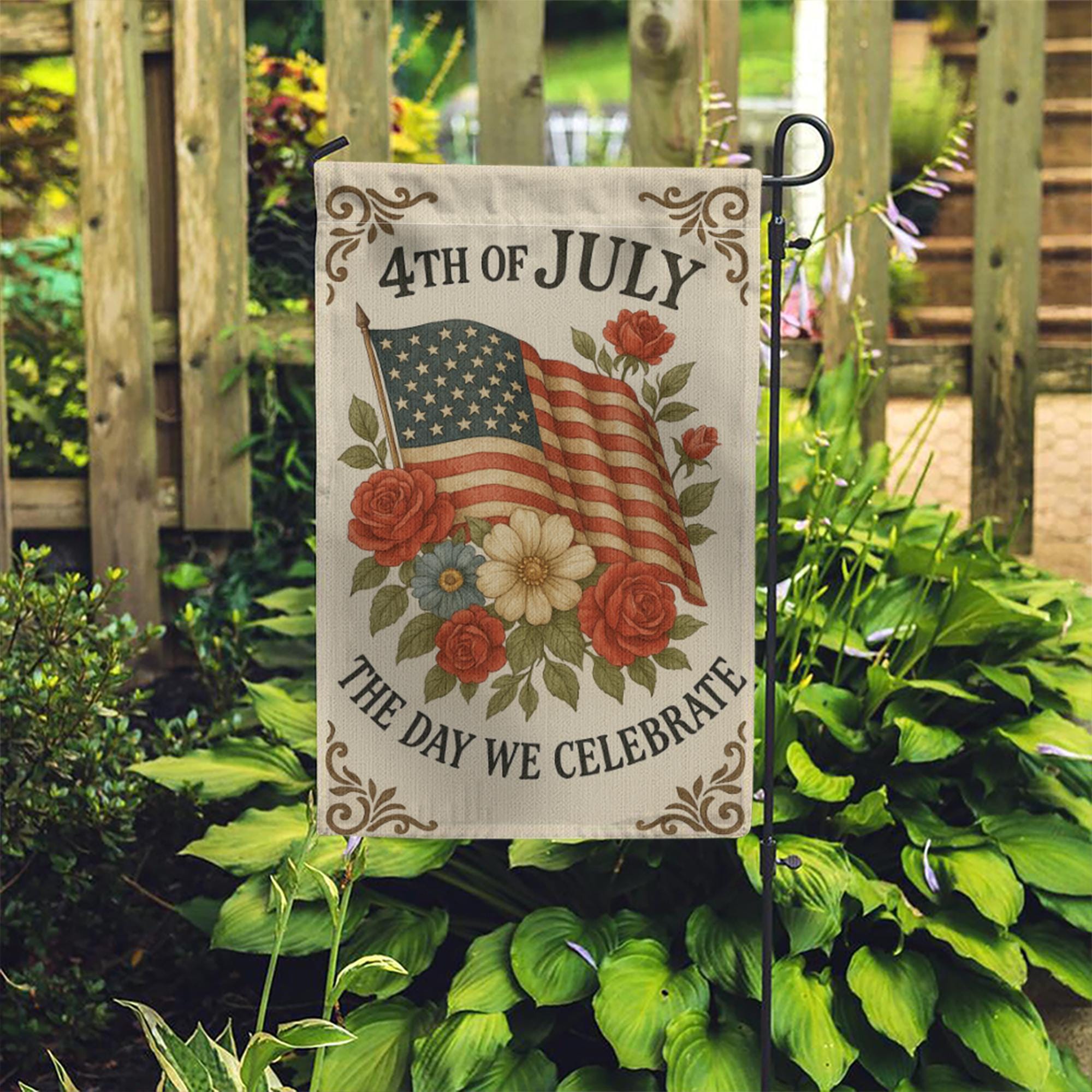 Vintage 4th of July Garden Flag – Patriotic American Flag Floral Yard Decor, Independence Day Outdoor Banner, Summer Holiday Sign