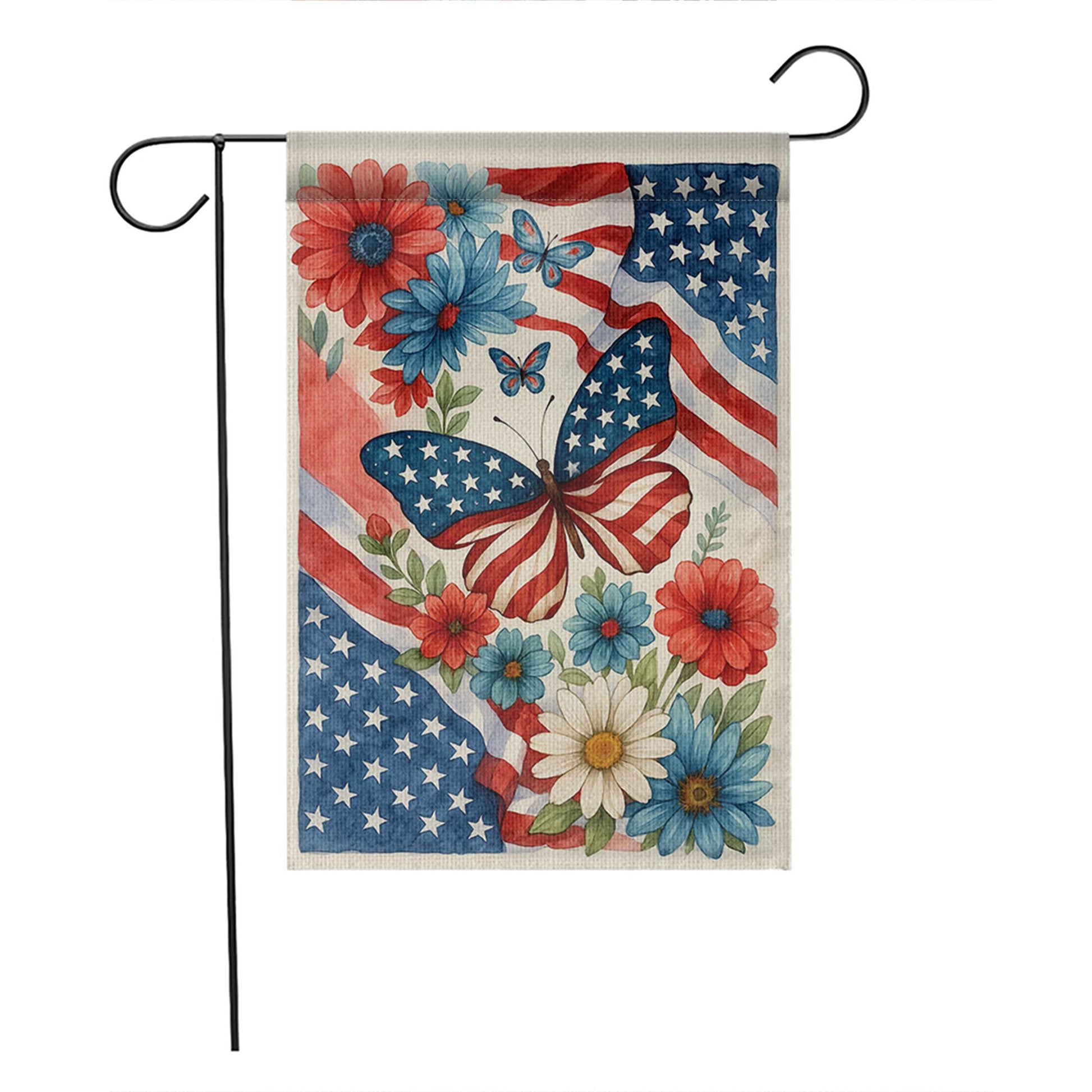 Patriotic Butterfly Garden Flag – 4th of July Outdoor Decor with American Flag & Flowers, Independence Day Yard Banner