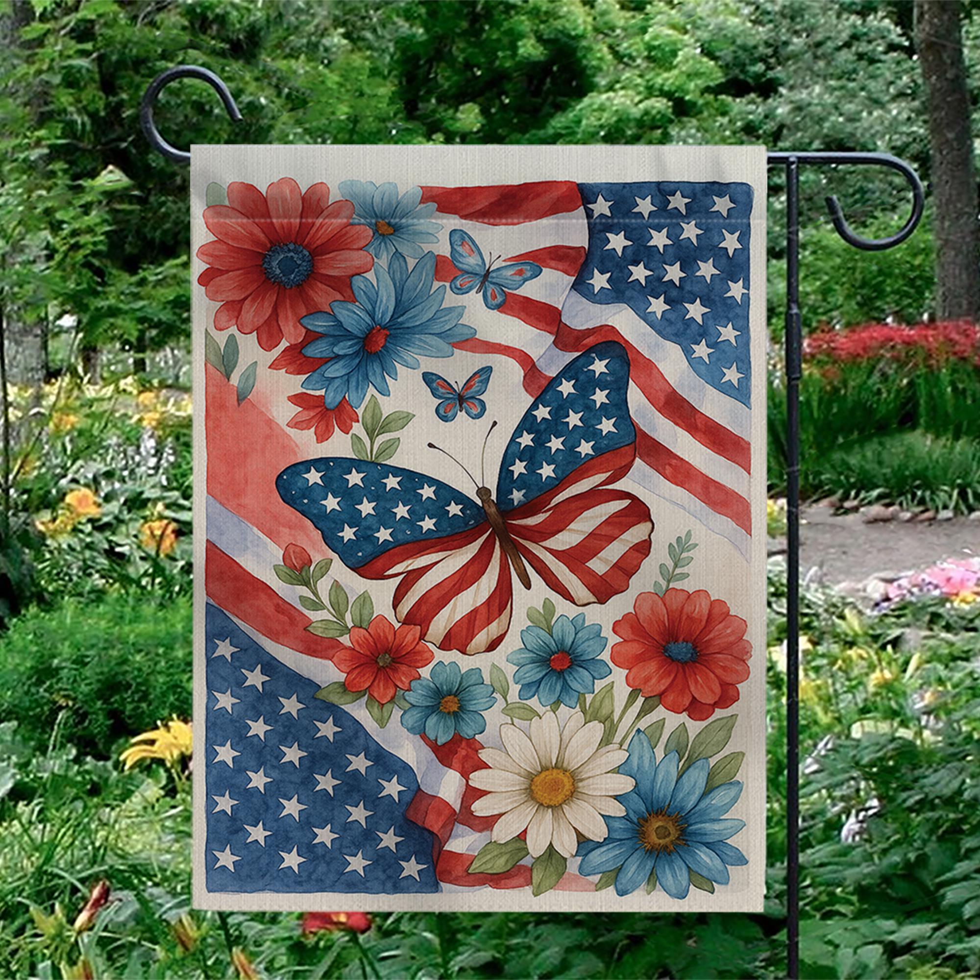 Patriotic Butterfly Garden Flag – 4th of July Outdoor Decor with American Flag & Flowers, Independence Day Yard Banner