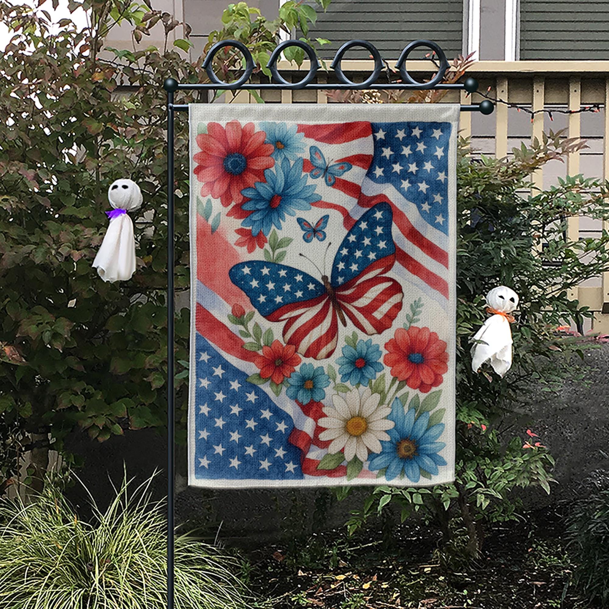 Patriotic Butterfly Garden Flag – 4th of July Outdoor Decor with American Flag & Flowers, Independence Day Yard Banner