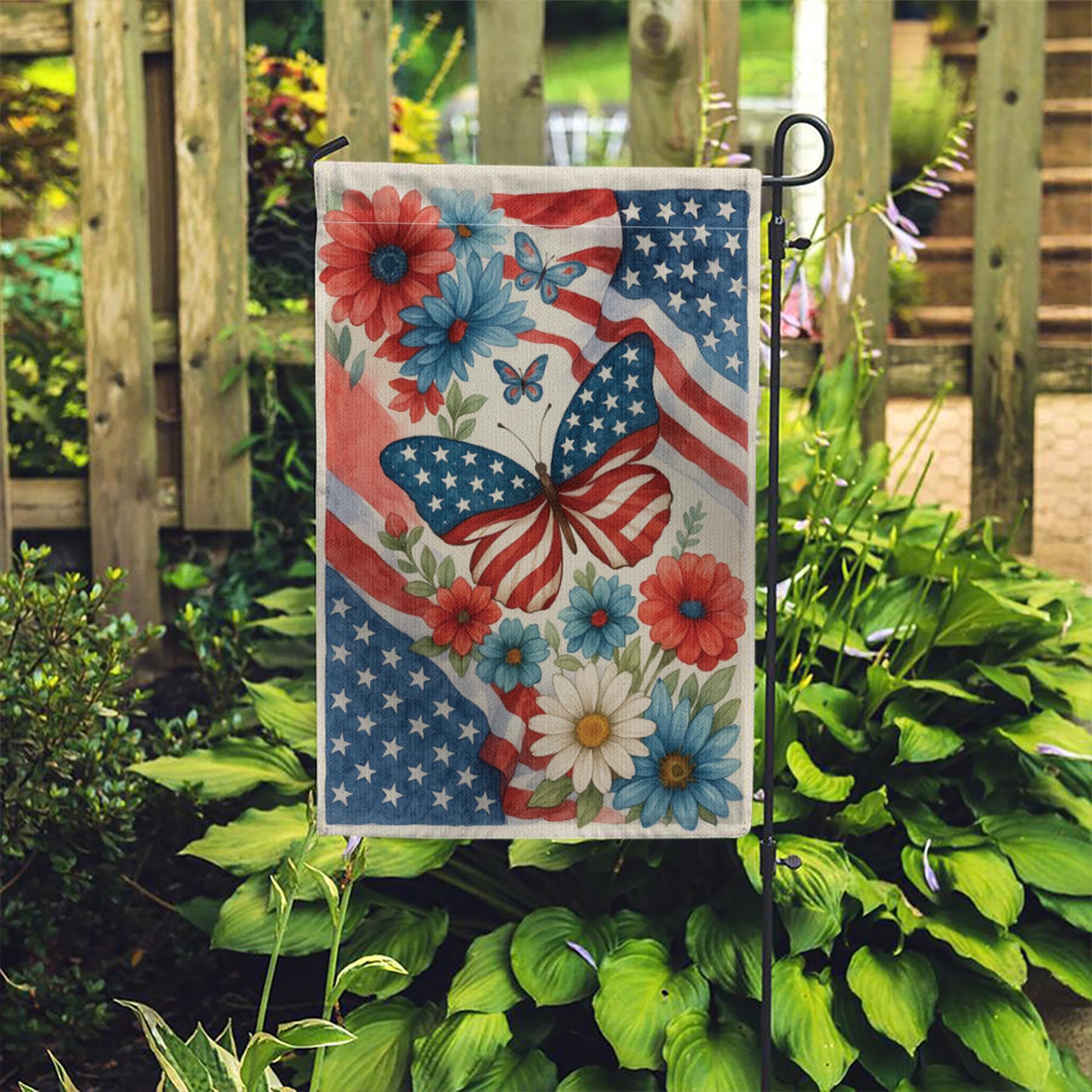 Patriotic Butterfly Garden Flag – 4th of July Outdoor Decor with American Flag & Flowers, Independence Day Yard Banner