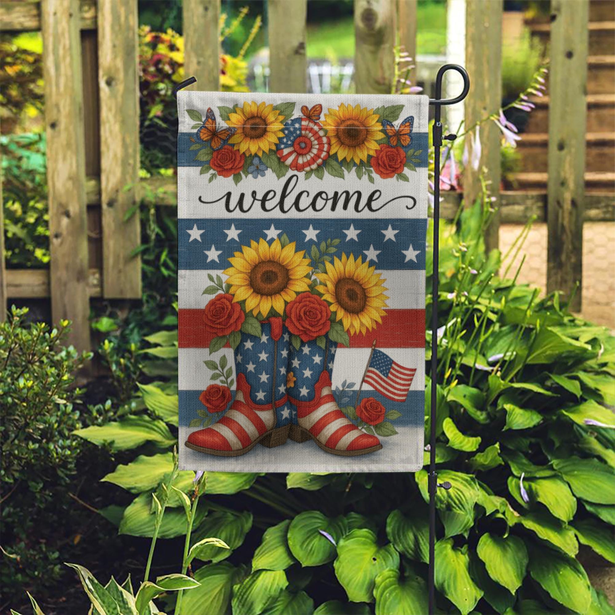 Patriotic Welcome Garden Flag with Sunflowers & Boots | 4th of July Yard Decor | Red White Blue Floral Outdoor Flag | Summer Porch Flag