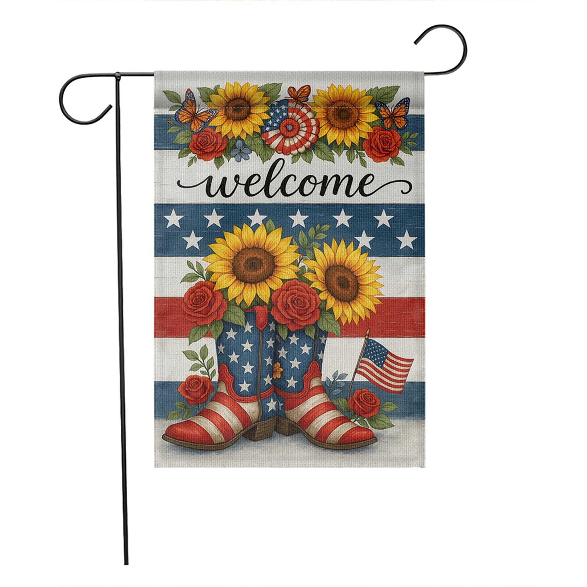 Patriotic Welcome Garden Flag with Sunflowers & Boots | 4th of July Yard Decor | Red White Blue Floral Outdoor Flag | Summer Porch Flag