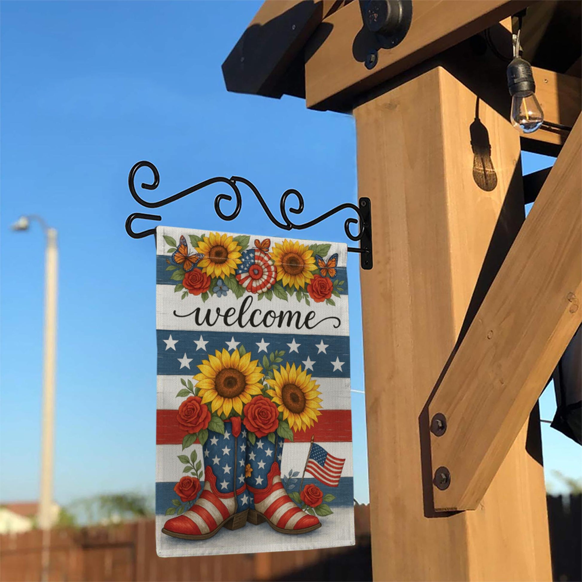 Patriotic Welcome Garden Flag with Sunflowers & Boots | 4th of July Yard Decor | Red White Blue Floral Outdoor Flag | Summer Porch Flag