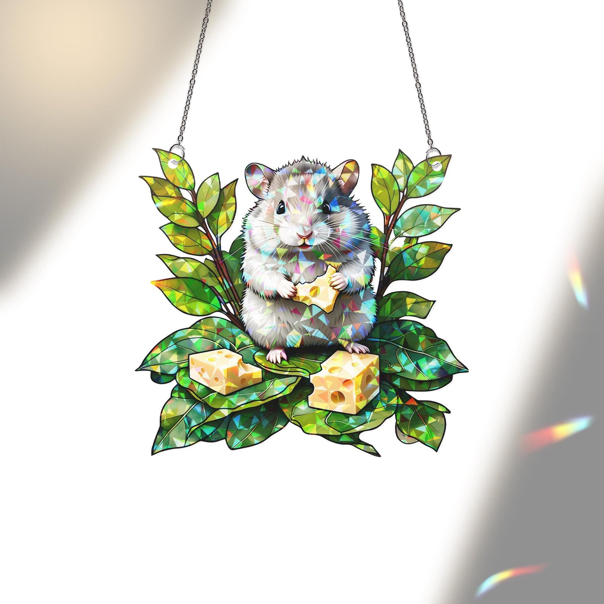 Cute Hamster Acrylic Window Hanging – Acrylic Hanging with Cheese & Leaves Design, Adorable Animal Decor for Nature, Pet Lovers