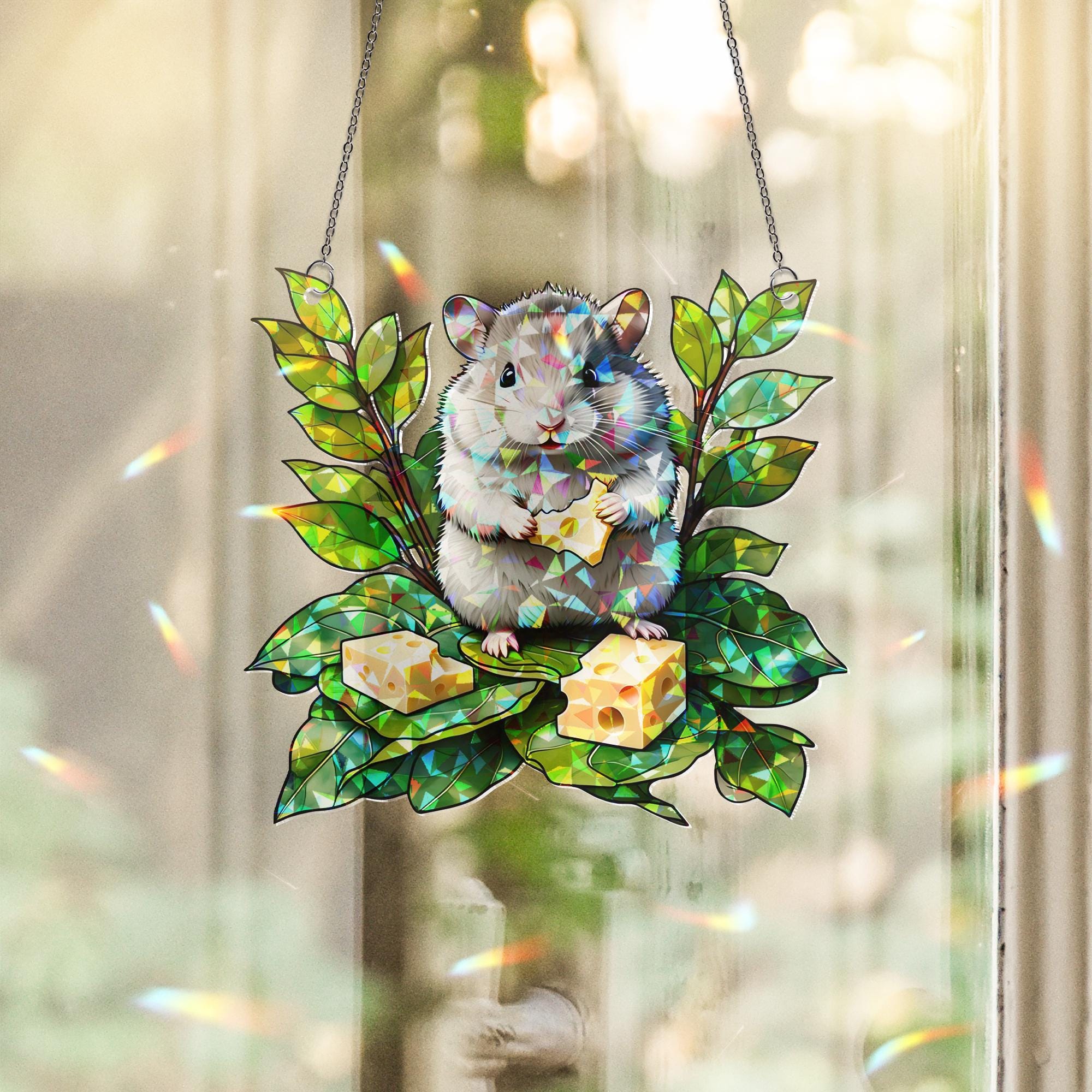 Cute Hamster Acrylic Window Hanging – Acrylic Hanging with Cheese & Leaves Design, Adorable Animal Decor for Nature, Pet Lovers