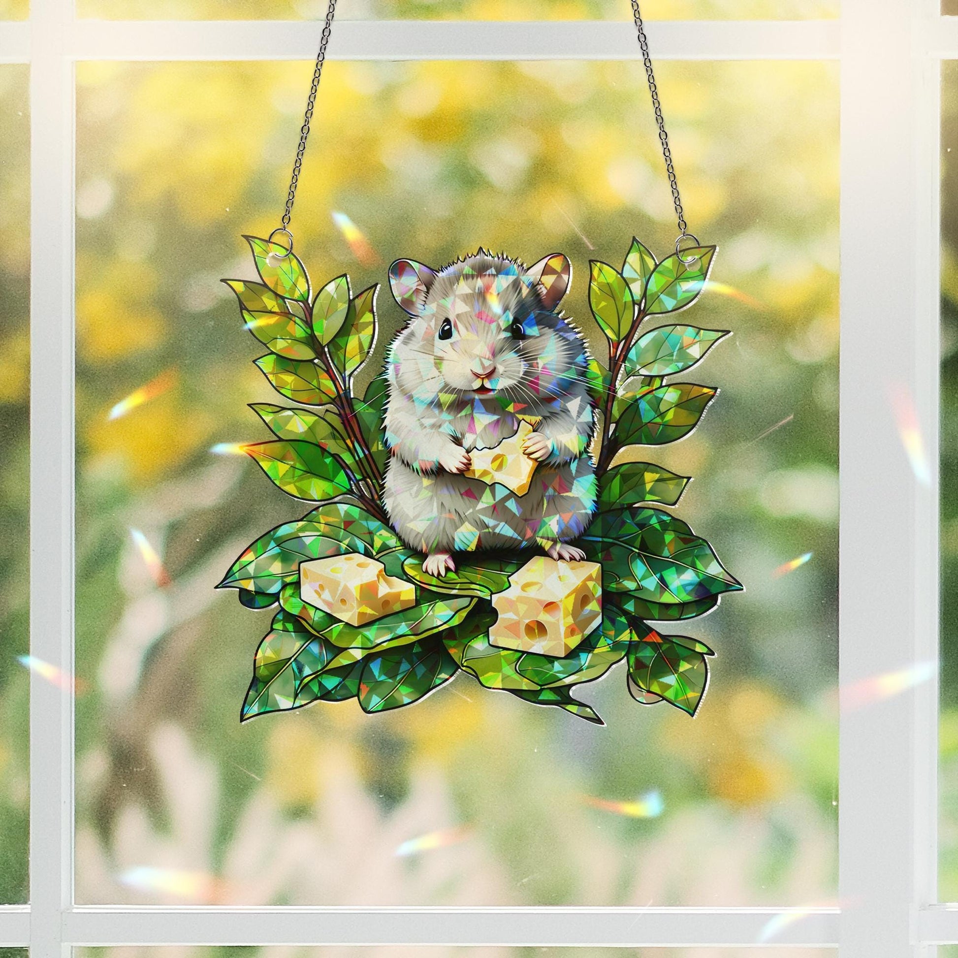 Cute Hamster Acrylic Window Hanging – Acrylic Hanging with Cheese & Leaves Design, Adorable Animal Decor for Nature, Pet Lovers
