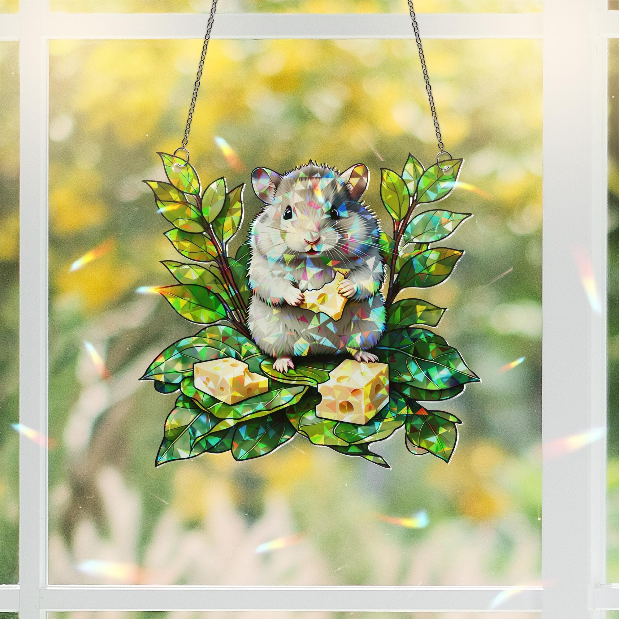 Cute Hamster Acrylic Window Hanging – Acrylic Hanging with Cheese & Leaves Design, Adorable Animal Decor for Nature, Pet Lovers