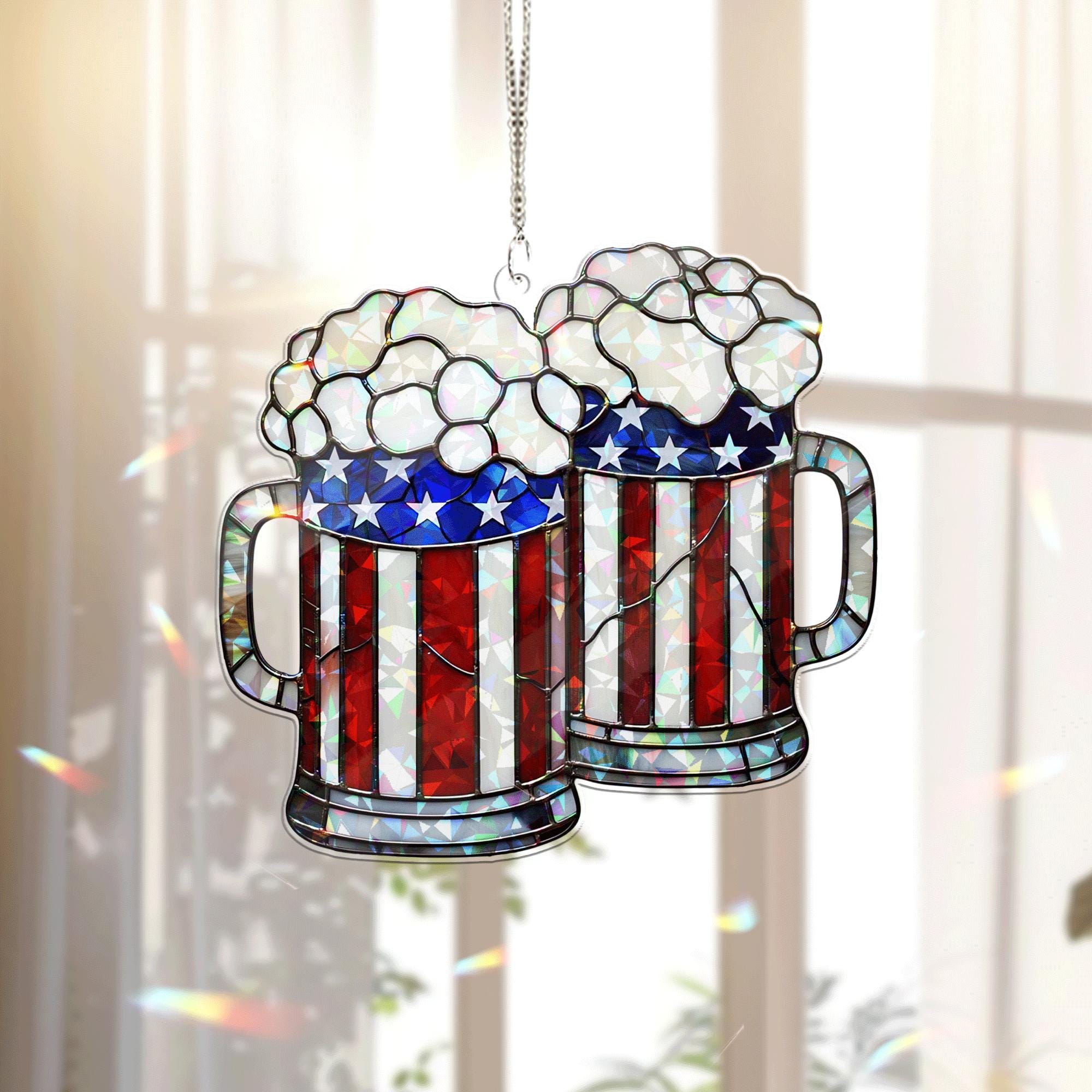 4th of July Beer Mug Acrylic Window Hanging – Patriotic Hanging with American Flag Design, Fun Summer Bar or Party Decor