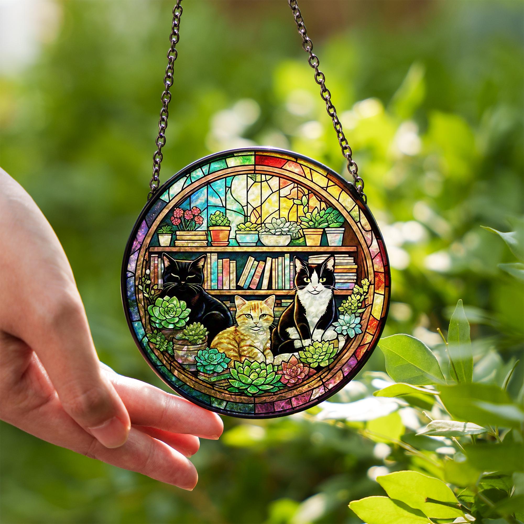 Cozy Cat Bookshelf Suncatcher | Glass Window Art with Succulents & Books | Gift for Cat Lovers | Home Library Decor for cat mom