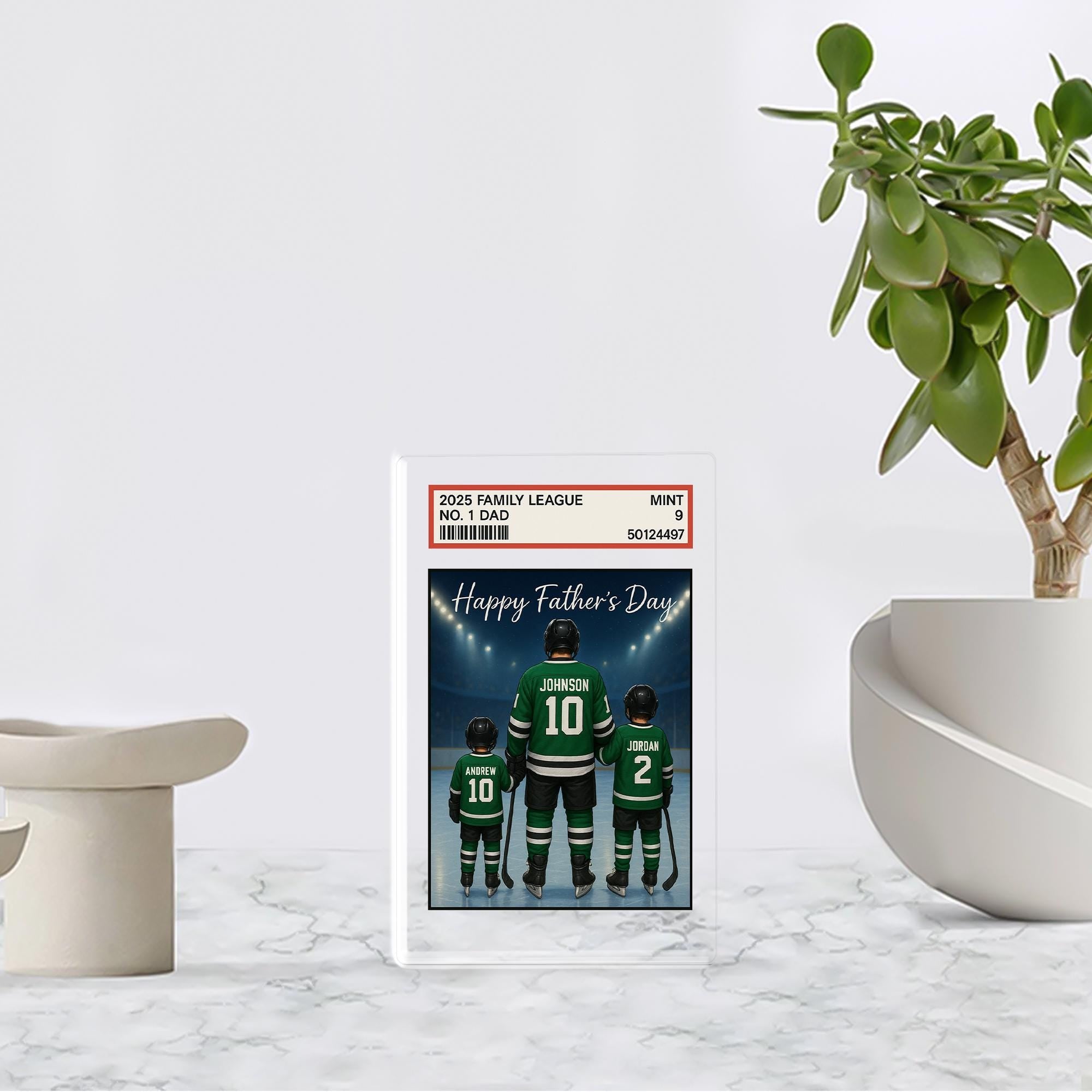 Custom Hockey Dad Acrylic Block | Personalized Father's Day Gift from Kids | No.1 Dad Mint Card Style | Ice Rink Family Art