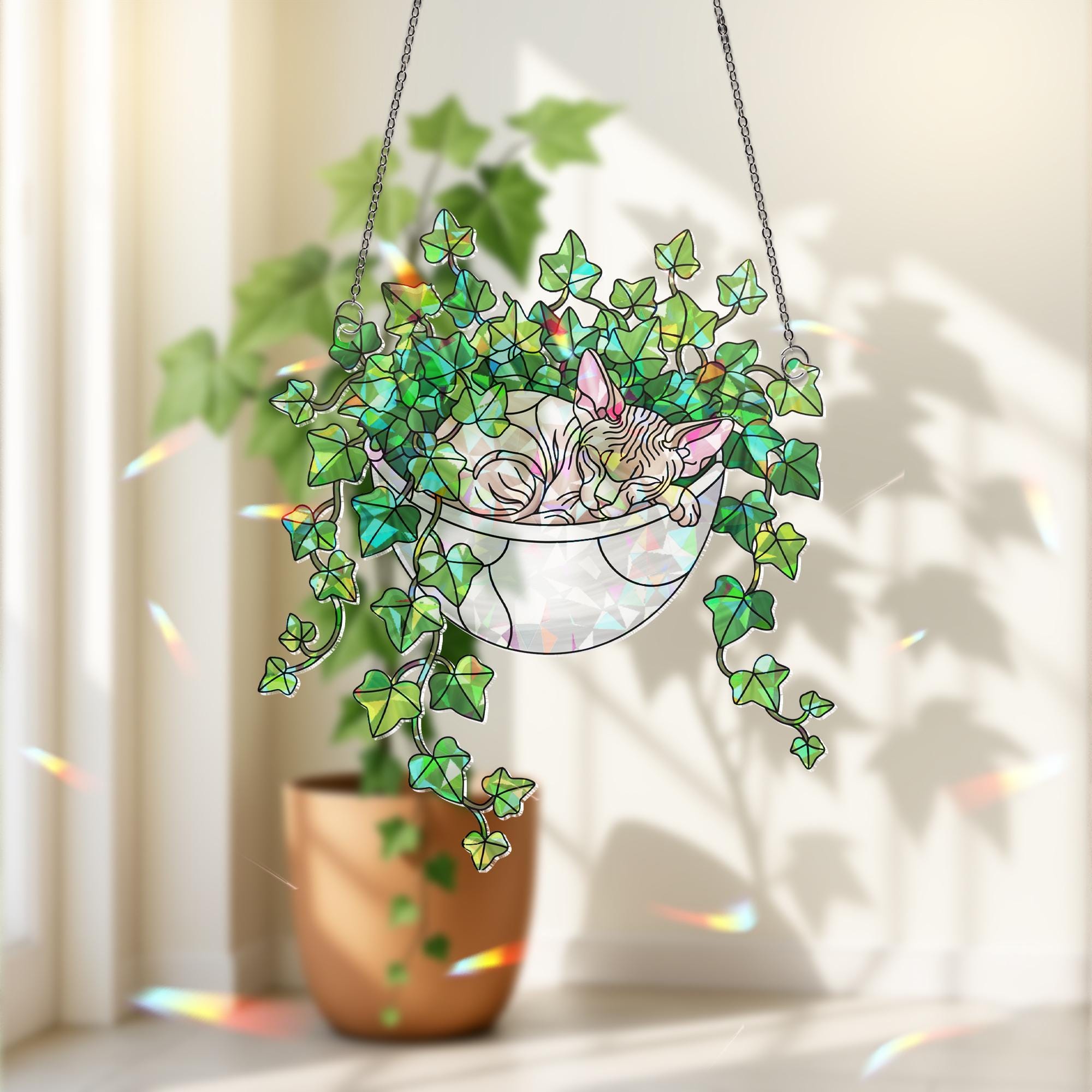 Sphynx Cat Sleeping on Ivy Hologram Ornament, Cat ACRYLIC Window Hanging | Plant Lover Gift | Ivy Plants Decor, Cozy Cat Decor, Gift For Mom