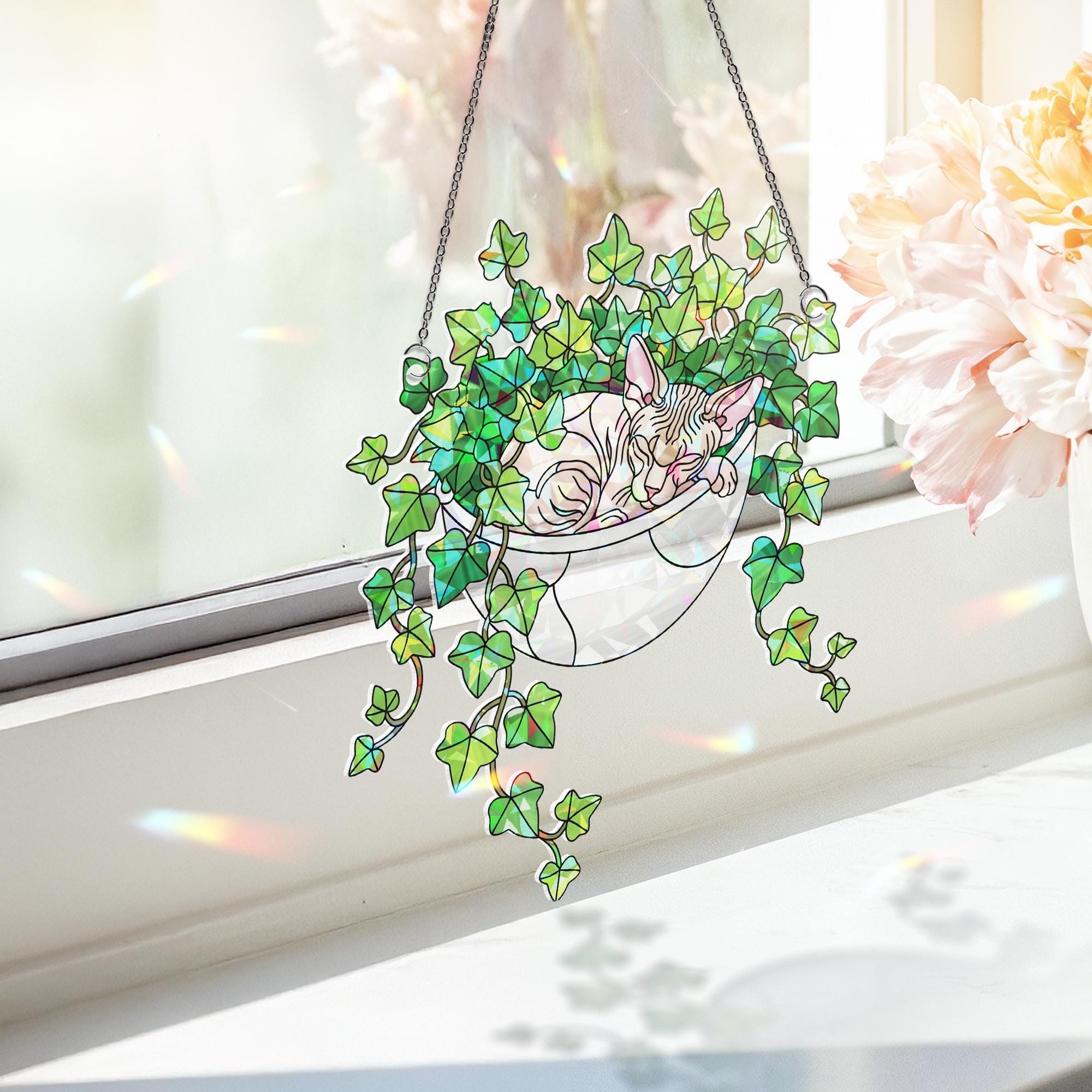 Sphynx Cat Sleeping on Ivy Hologram Ornament, Cat ACRYLIC Window Hanging | Plant Lover Gift | Ivy Plants Decor, Cozy Cat Decor, Gift For Mom
