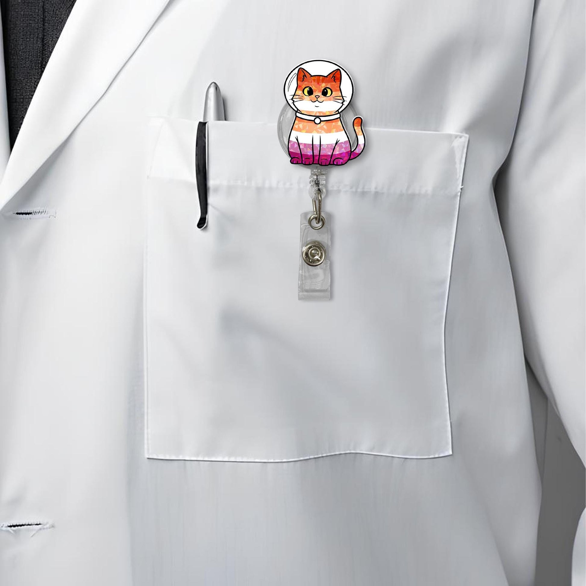 Lesbian Pride Cat Badge Reel | Cute LGBTQ+ Kitty ID Holder | Funny Queer Nurse Gift | Retractable Badge Clip for Vet & Teachers