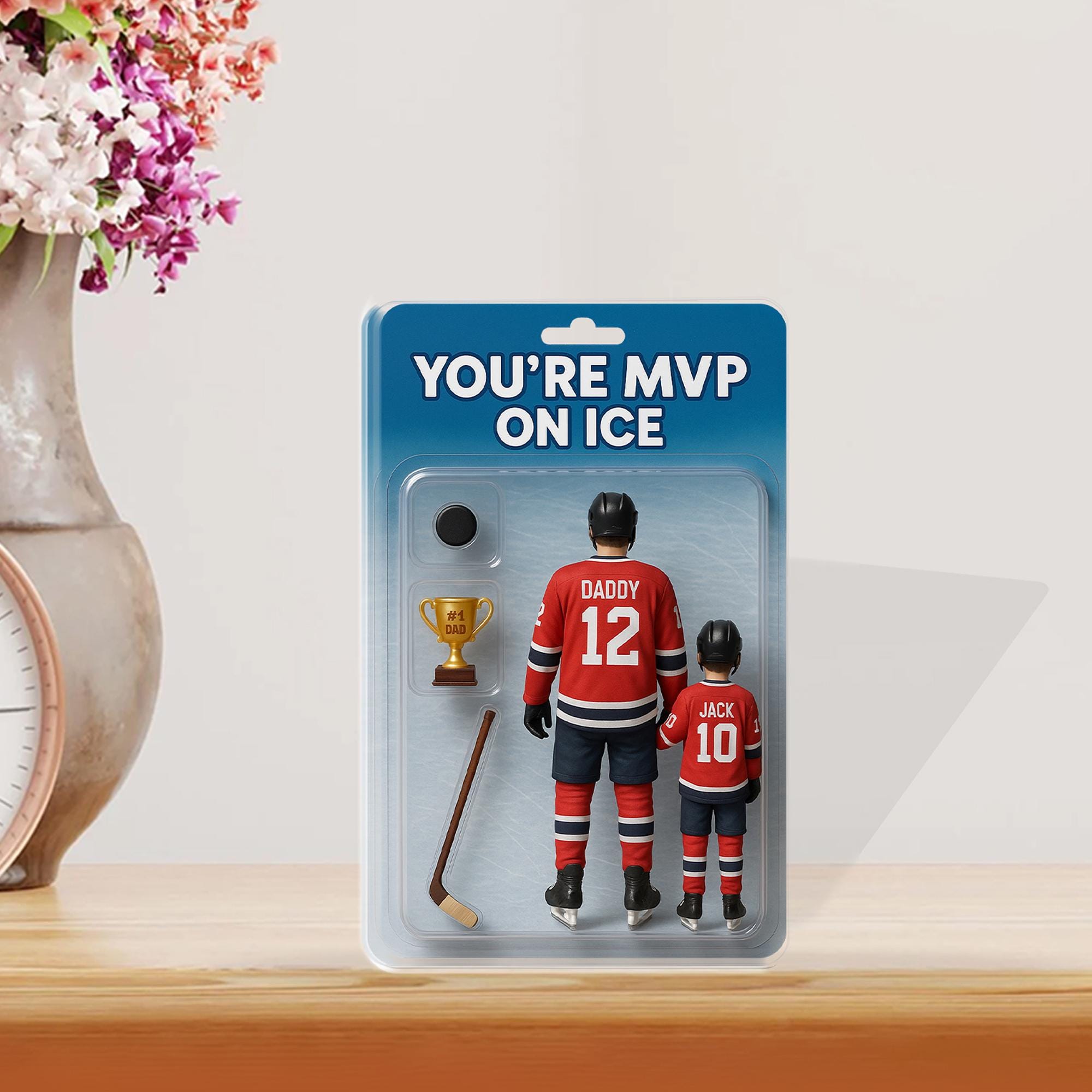 Personalized Hockey Dad and Kid Acrylic Block Plaque, Custom Dad and Kid Gift, Father's Day Set Puck, Stick & Trophy, Father's Day Keepsake