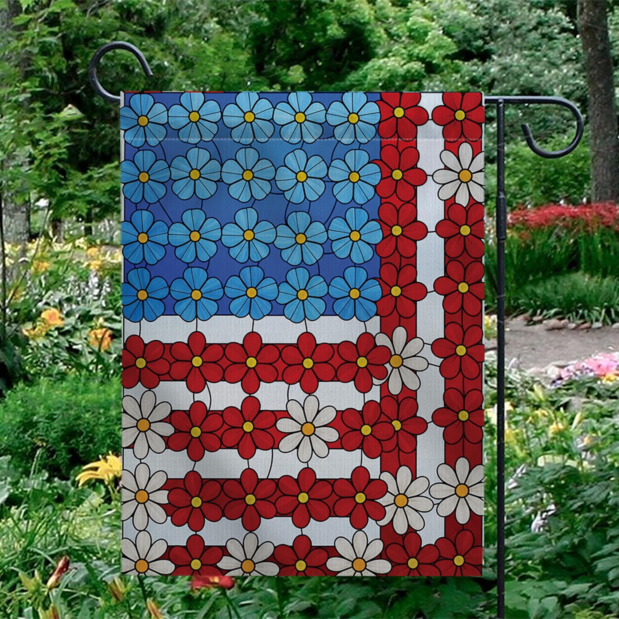 4th of July Floral Garden Flag | Patriotic Outdoor Yard Banner | Red White Blue Flower American Flag | Summer Porch Decor