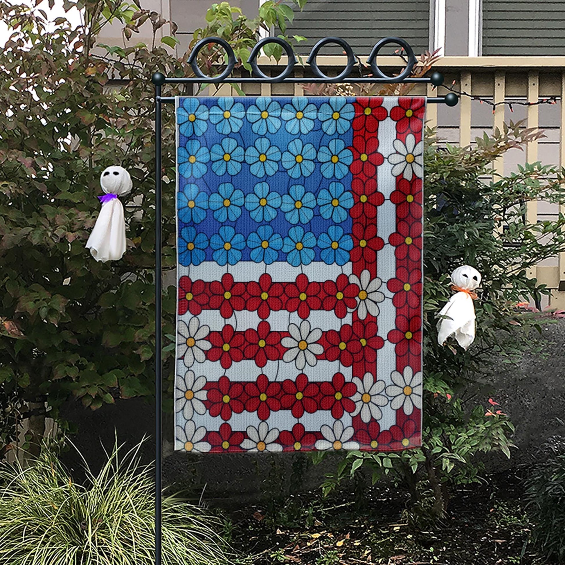 4th of July Floral Garden Flag | Patriotic Outdoor Yard Banner | Red White Blue Flower American Flag | Summer Porch Decor
