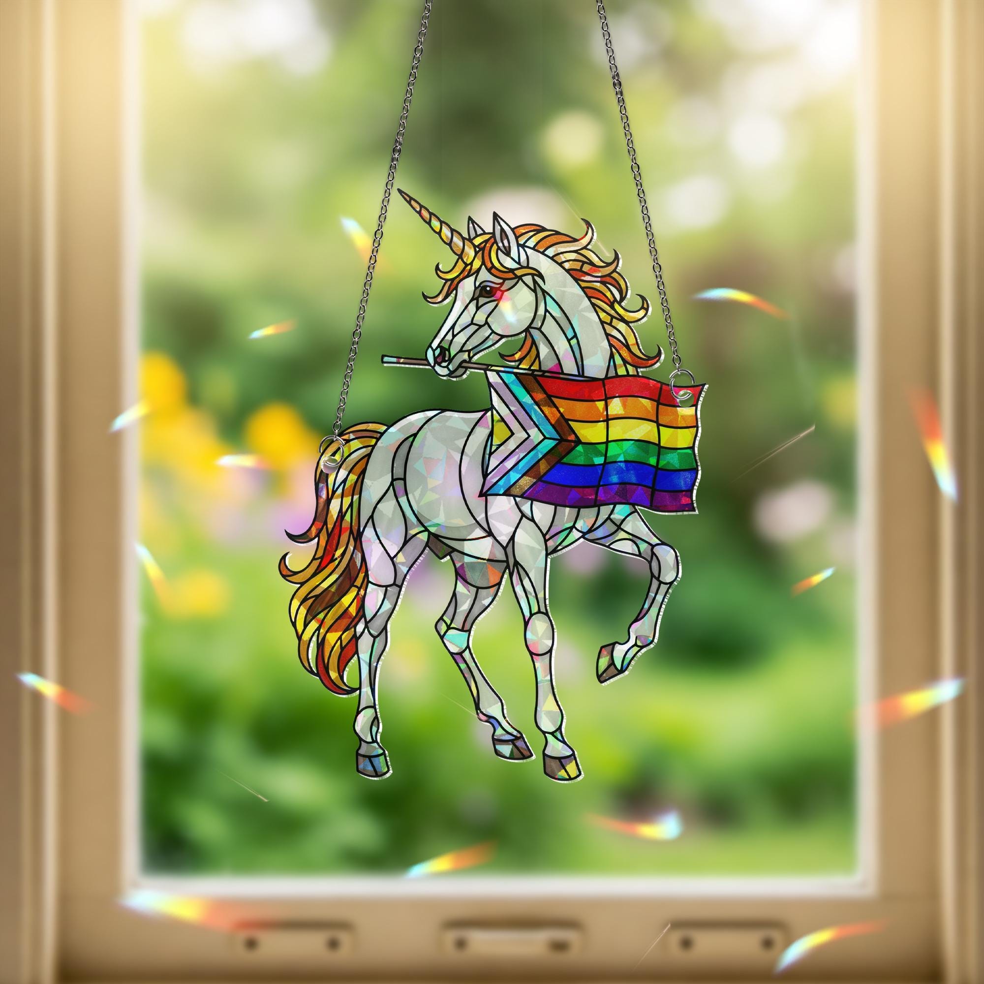 Rainbow Unicorn Pride ACRYLIC Hologram Ornament, LGBTQ+ Decor with Progress Flag Window Hanging, Magical Window Hanging, Pride Month Gift