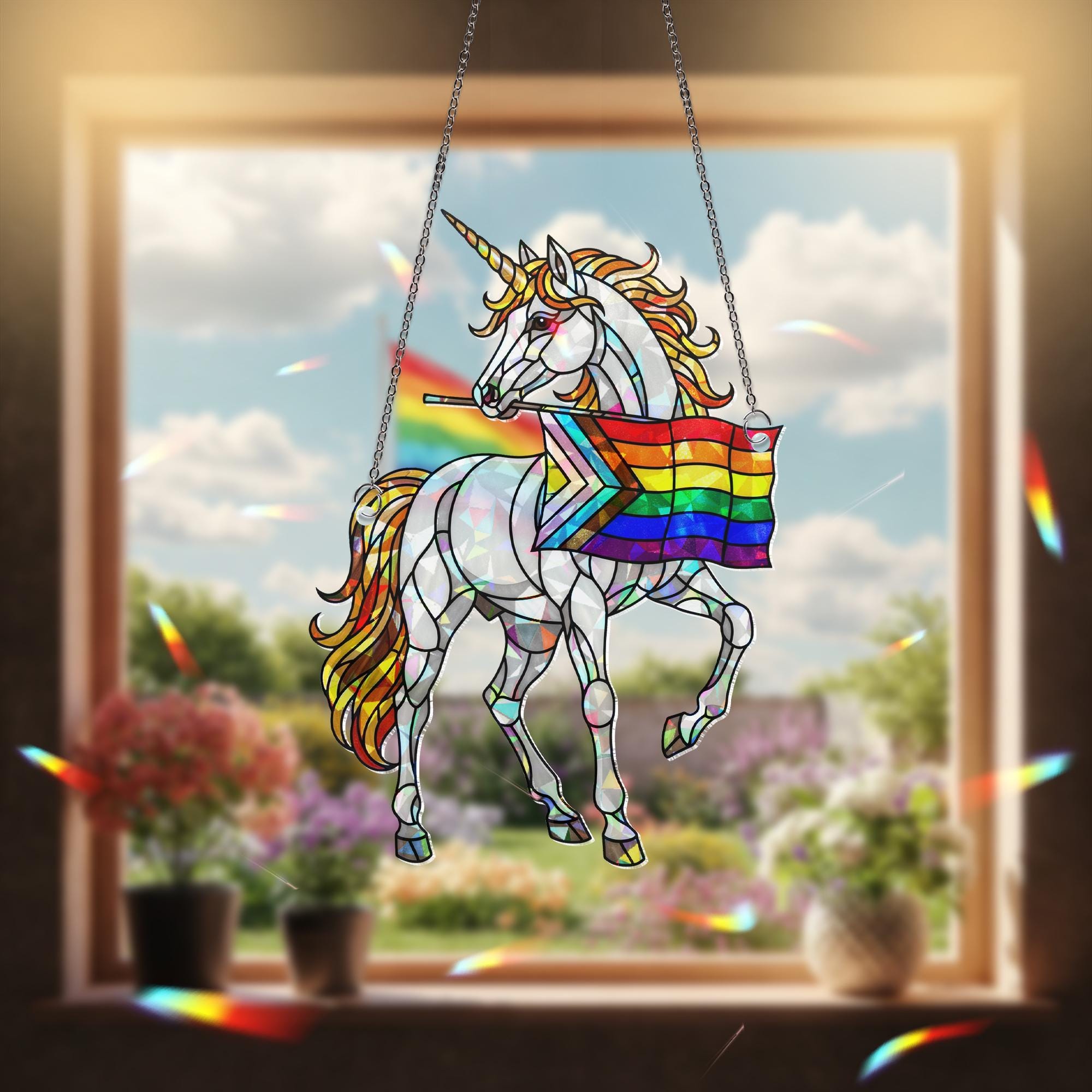 Rainbow Unicorn Pride ACRYLIC Hologram Ornament, LGBTQ+ Decor with Progress Flag Window Hanging, Magical Window Hanging, Pride Month Gift