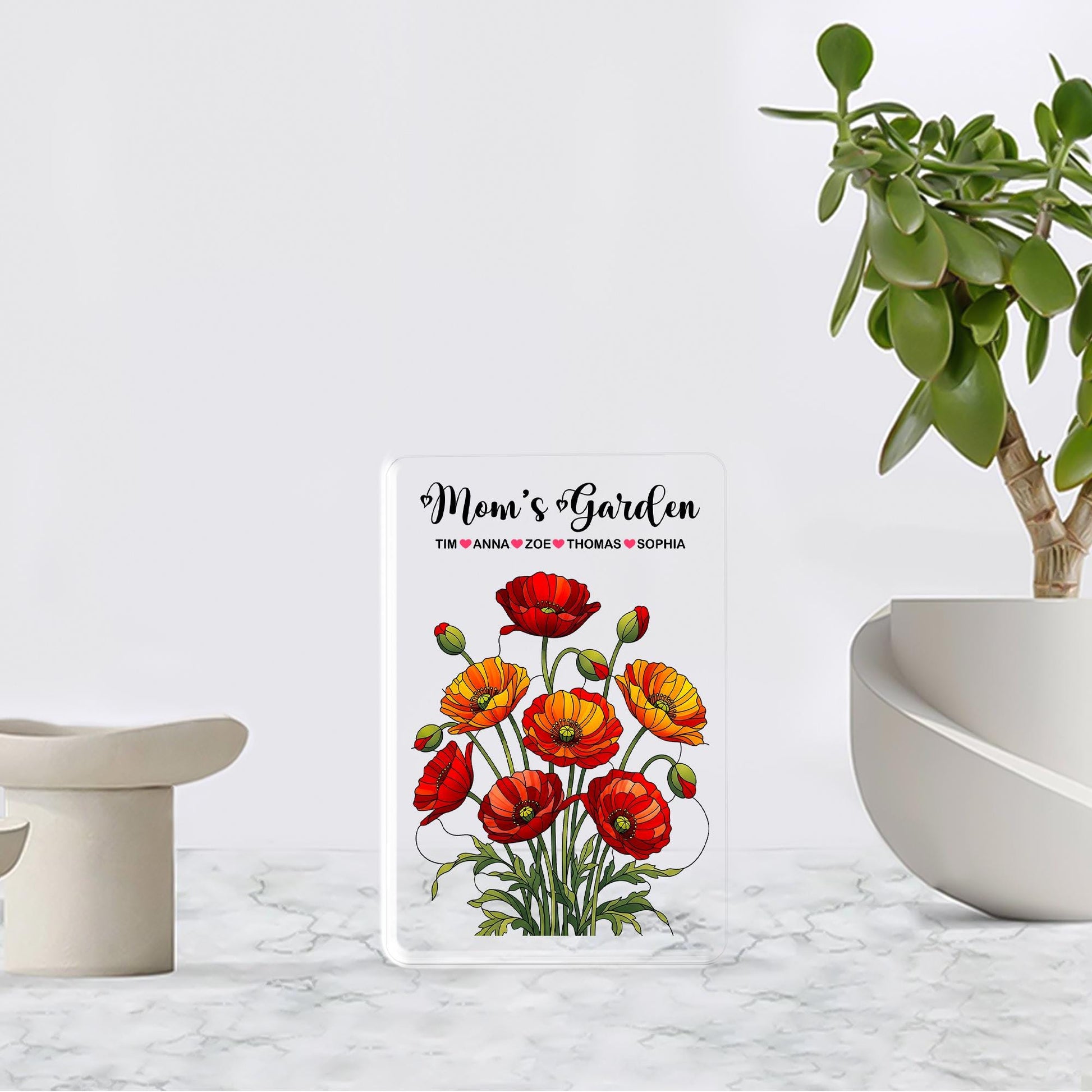 Personalized Mom's Garden Poppy Floral Acrylic Plaque, Custom Kids Names Gift for Mom Grandma, Mother's Day, August Birthday Keepsake Decor
