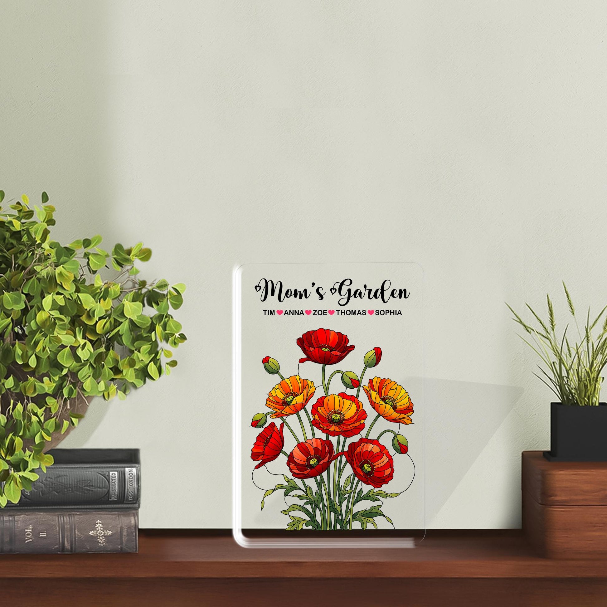 Personalized Mom's Garden Poppy Floral Acrylic Plaque, Custom Kids Names Gift for Mom Grandma, Mother's Day, August Birthday Keepsake Decor