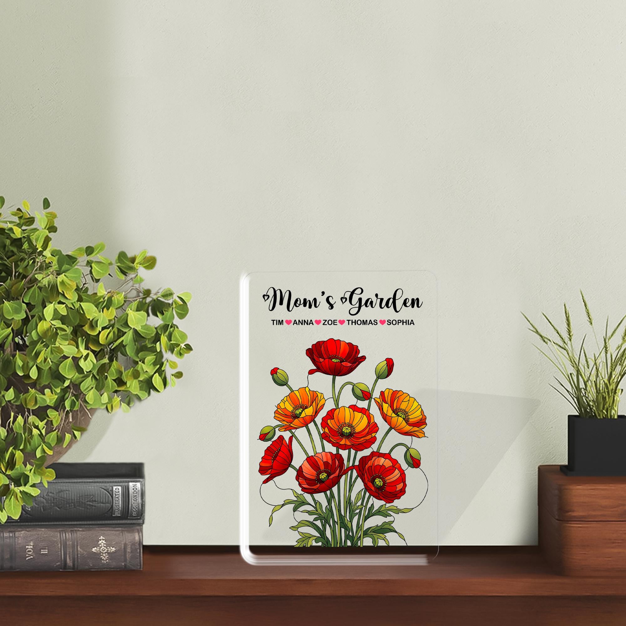 Personalized Mom's Garden Poppy Floral Acrylic Plaque, Custom Kids Names Gift for Mom Grandma, Mother's Day, August Birthday Keepsake Decor