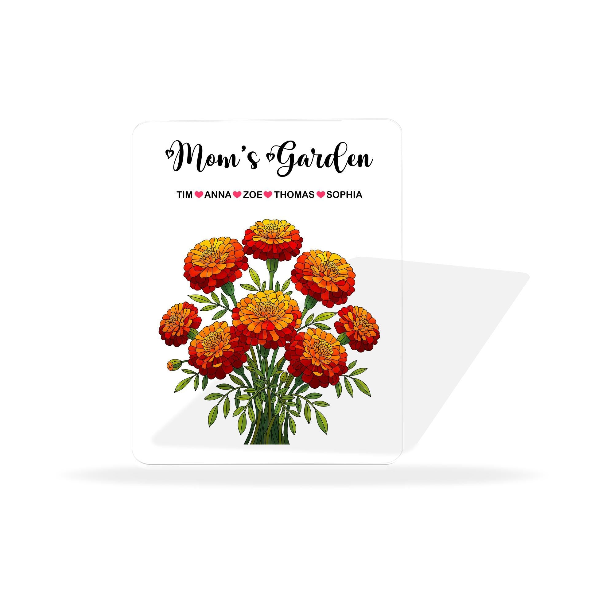 Personalized Mom's Garden Marigold Floral Acrylic Plaque, Custom Kids Names Gift for Mom Grandma, Mother's Day, Marigold Birthday Keepsake
