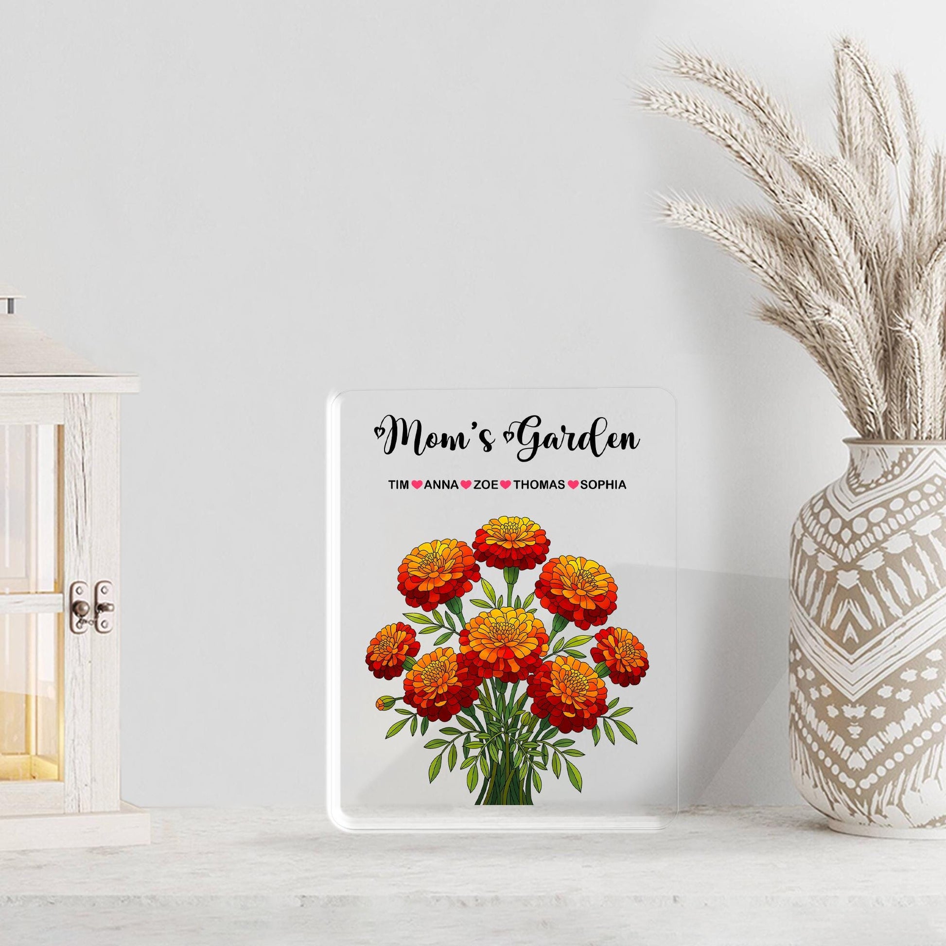Personalized Mom's Garden Marigold Floral Acrylic Plaque, Custom Kids Names Gift for Mom Grandma, Mother's Day, Marigold Birthday Keepsake