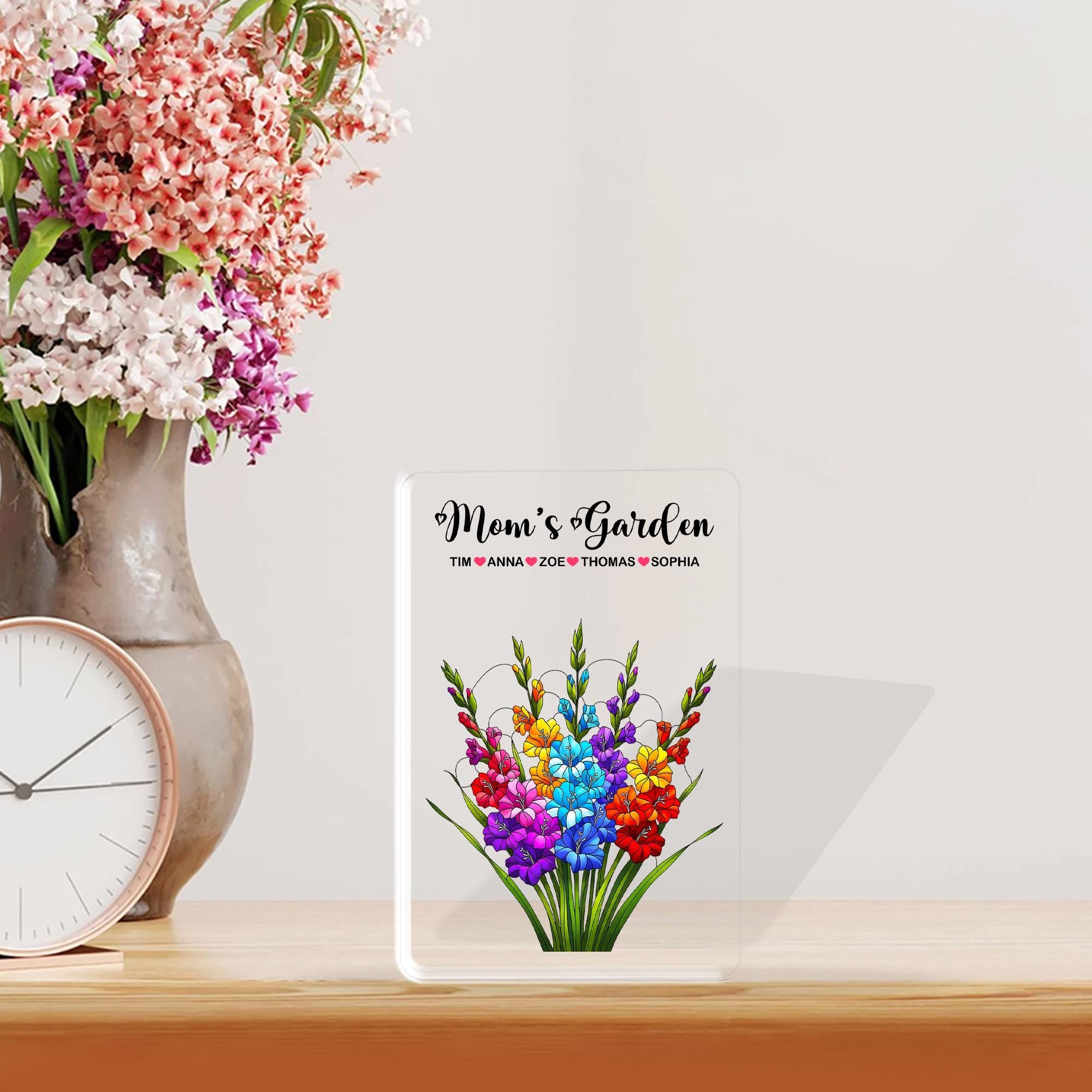Personalized Mom's Garden Gladiolus Floral Acrylic Plaque, Custom Kids Names Gift for Mom Grandma, Mother's Day, August Birthday Keepsake