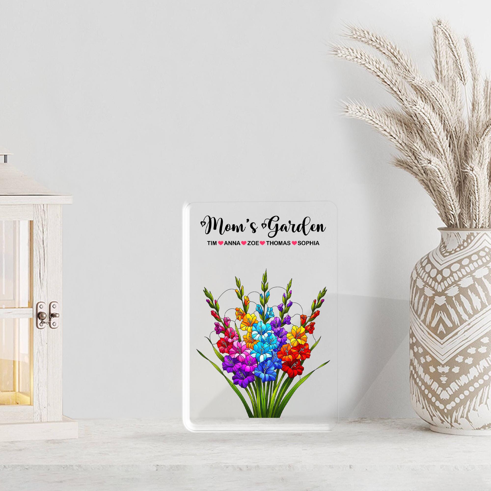 Personalized Mom's Garden Gladiolus Floral Acrylic Plaque, Custom Kids Names Gift for Mom Grandma, Mother's Day, August Birthday Keepsake