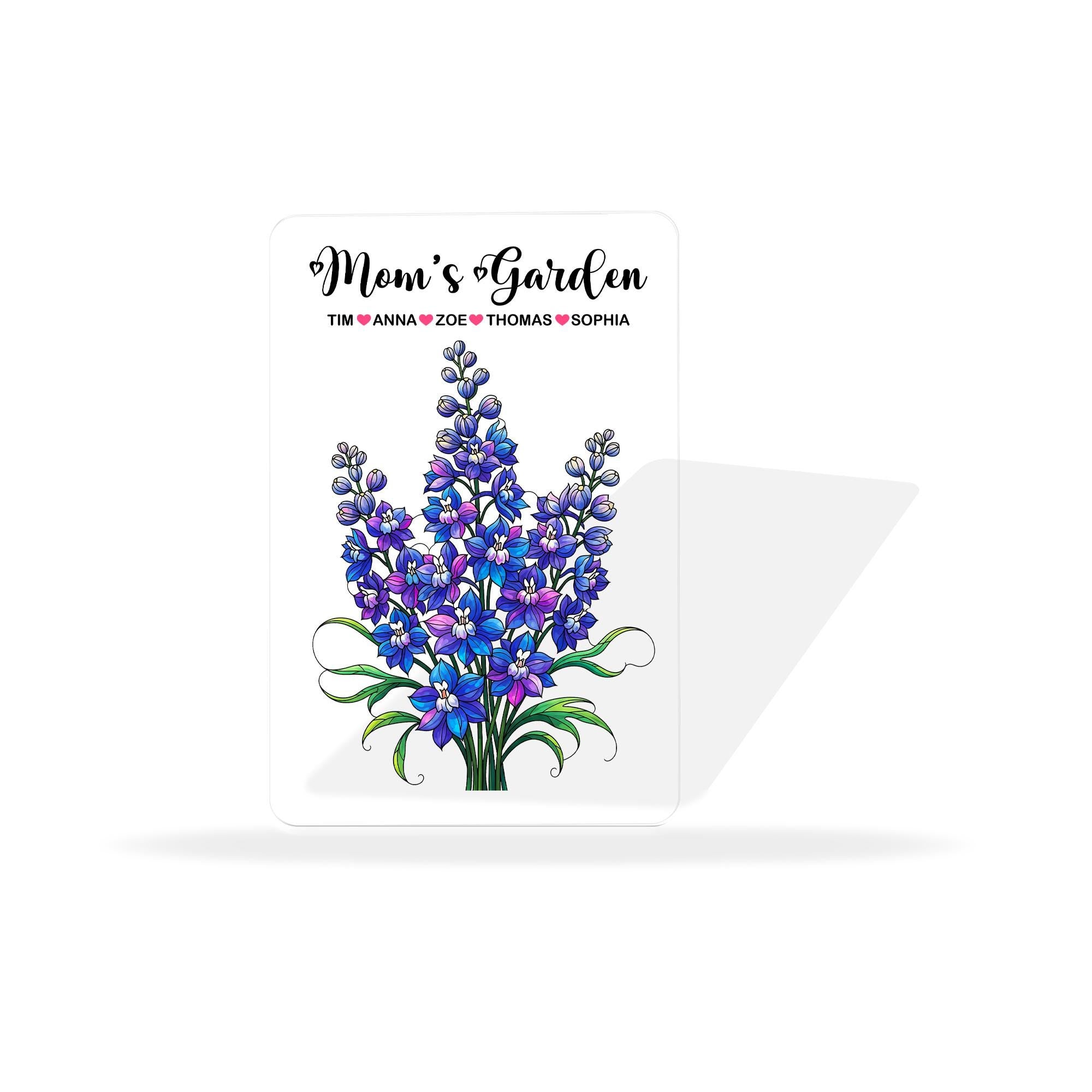 Personalized Mom's Garden Larkspur Floral Acrylic Plaque, Custom Kids Names Gift for Mom Grandma, Mother's Day, July Birthday Keepsake Decor