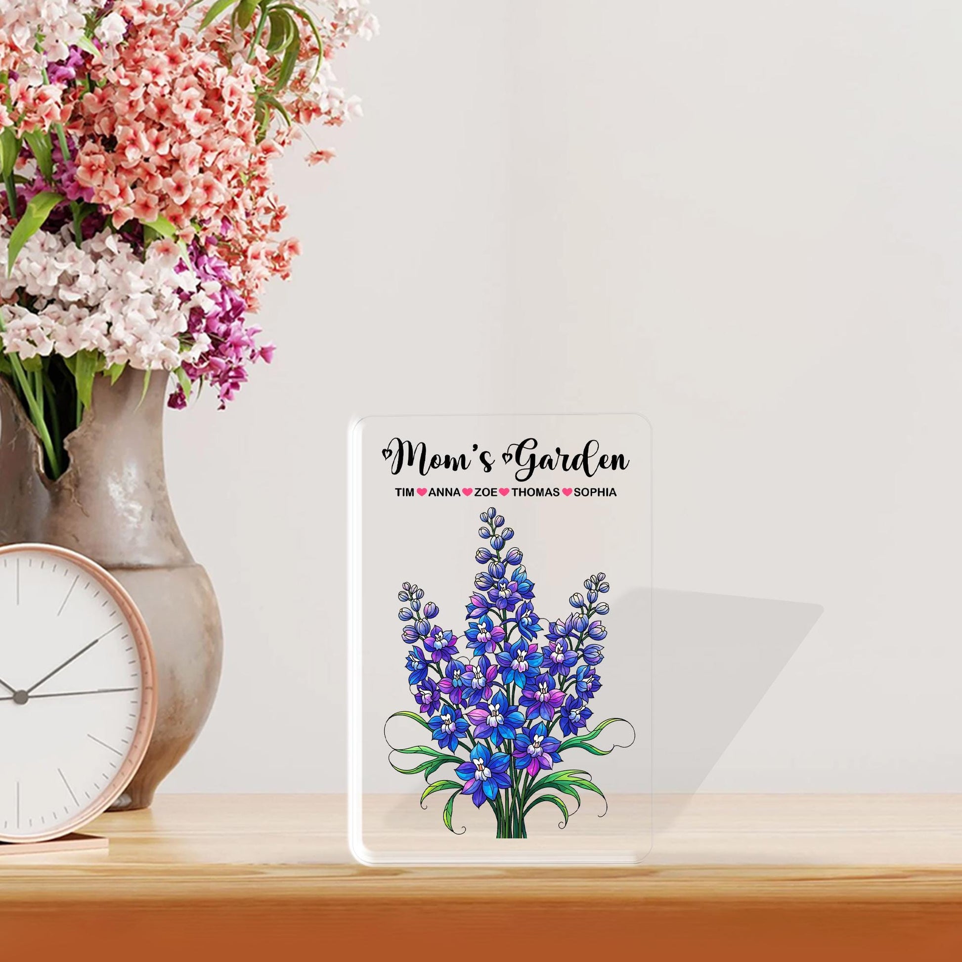 Personalized Mom's Garden Larkspur Floral Acrylic Plaque, Custom Kids Names Gift for Mom Grandma, Mother's Day, July Birthday Keepsake Decor