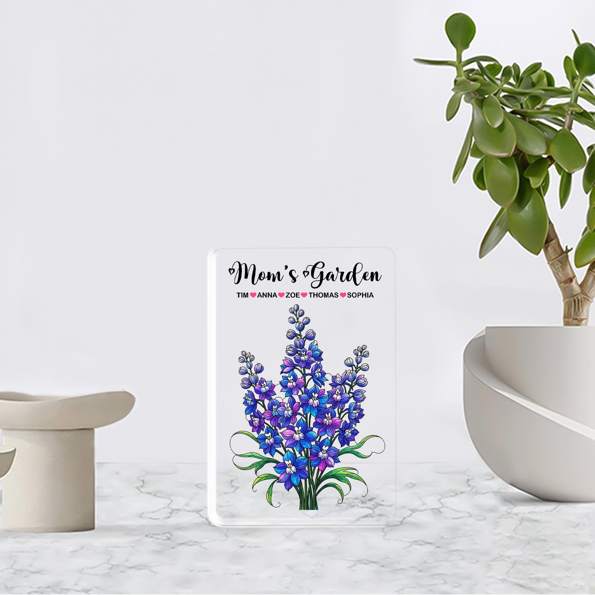 Personalized Mom's Garden Larkspur Floral Acrylic Plaque, Custom Kids Names Gift for Mom Grandma, Mother's Day, July Birthday Keepsake Decor