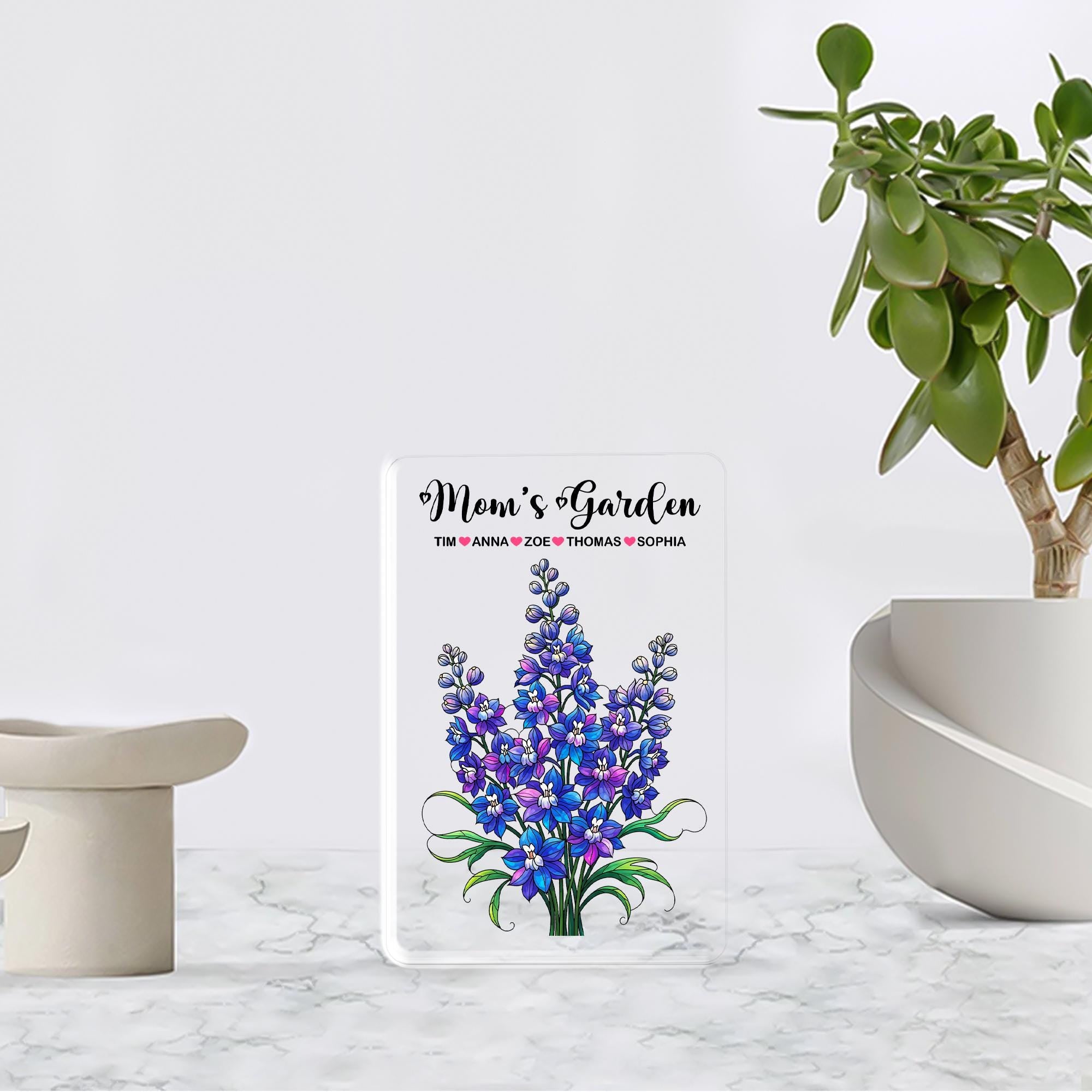 Personalized Mom's Garden Larkspur Floral Acrylic Plaque, Custom Kids Names Gift for Mom Grandma, Mother's Day, July Birthday Keepsake Decor