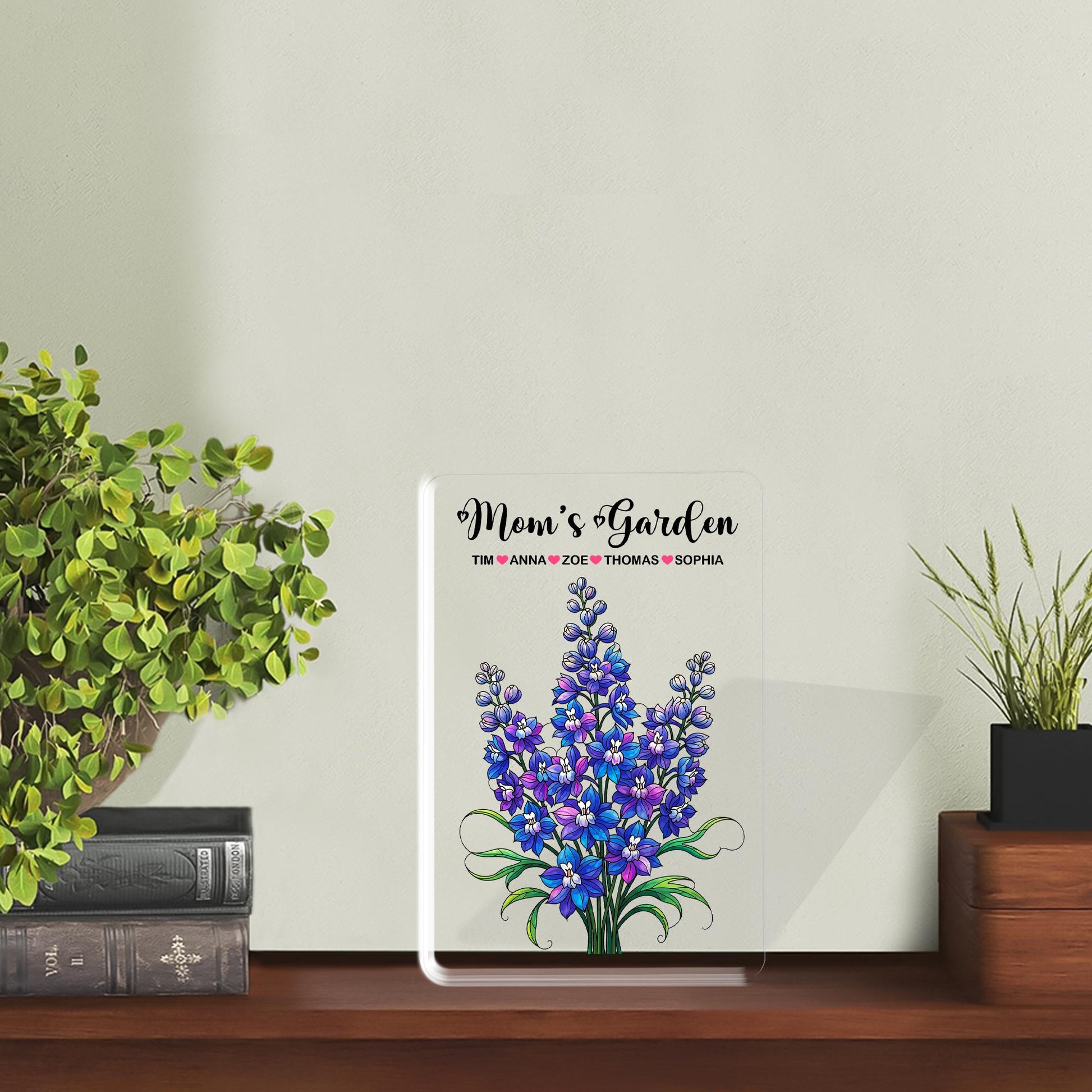 Personalized Mom's Garden Larkspur Floral Acrylic Plaque, Custom Kids Names Gift for Mom Grandma, Mother's Day, July Birthday Keepsake Decor
