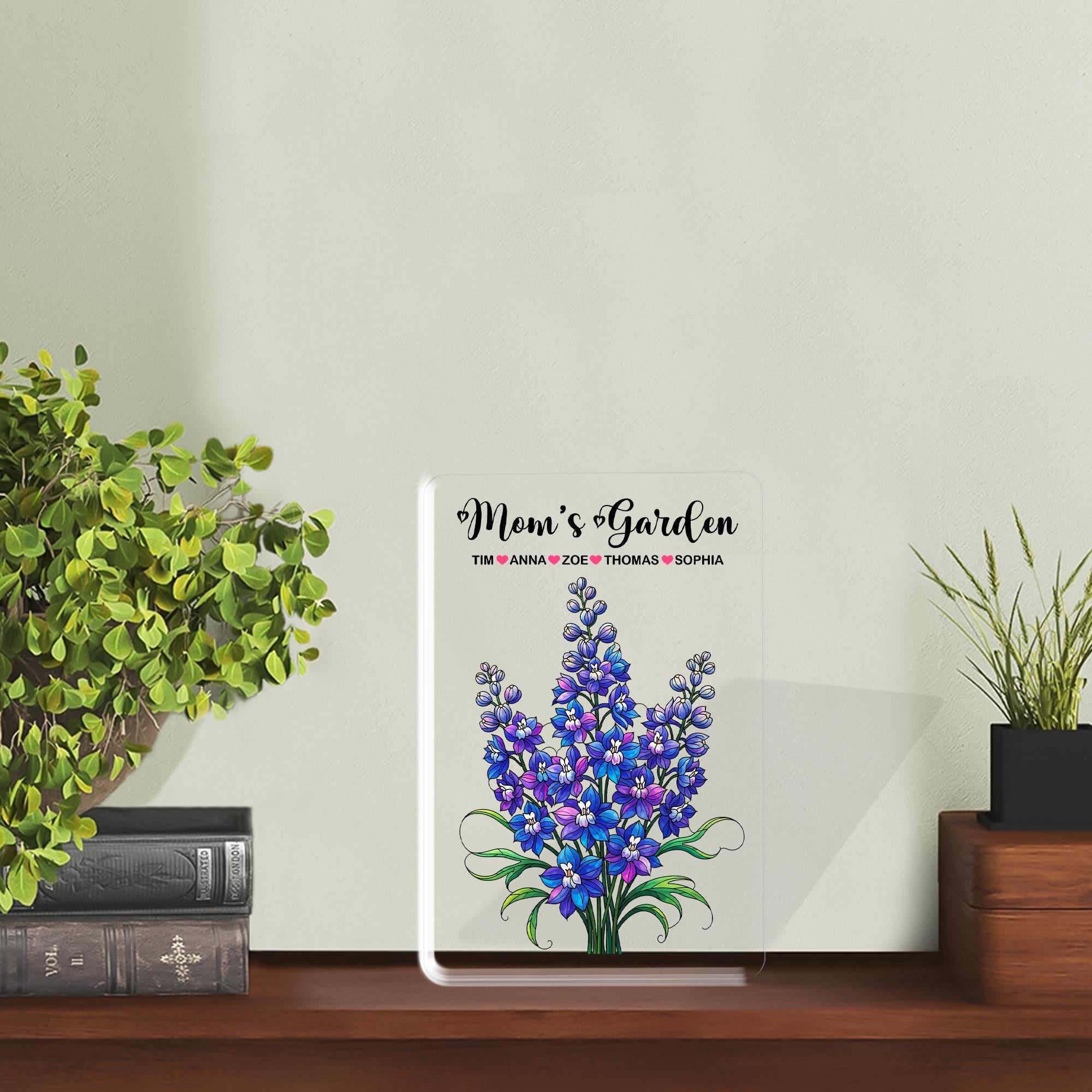 Personalized Mom's Garden Larkspur Floral Acrylic Plaque, Custom Kids Names Gift for Mom Grandma, Mother's Day, July Birthday Keepsake Decor