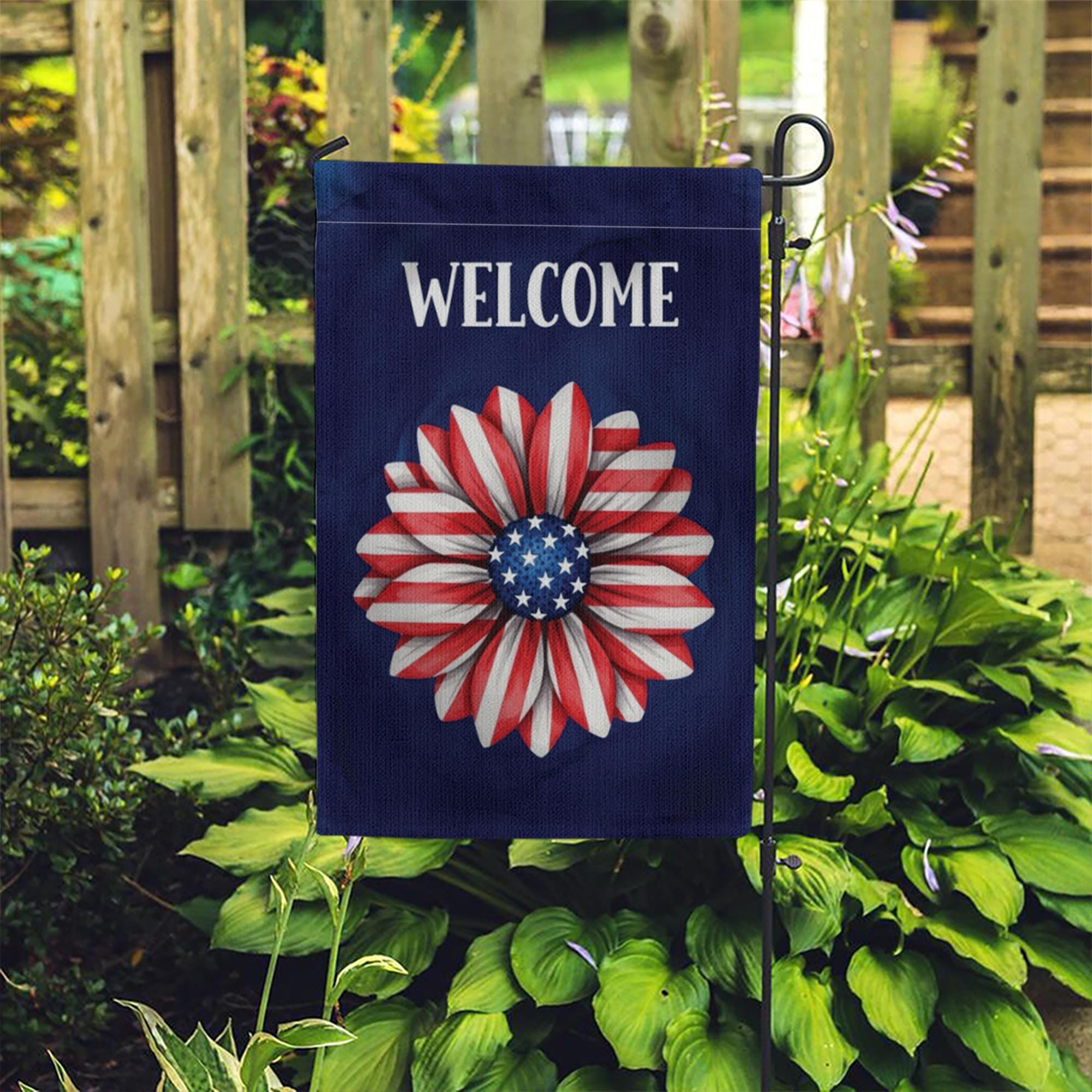 Patriotic Flower Garden Flag, Welcome 4th of July Flag, Red White Blue Yard Decor, Summer Outdoor Flag, Independence Day Gift,Fourth of July