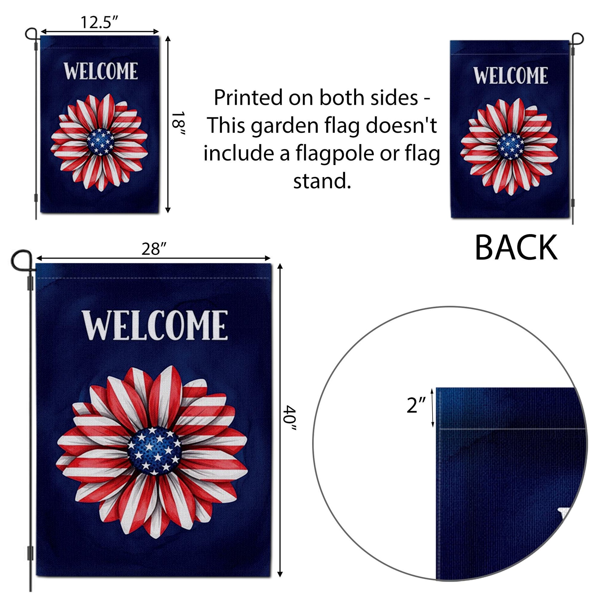 Patriotic Flower Garden Flag, Welcome 4th of July Flag, Red White Blue Yard Decor, Summer Outdoor Flag, Independence Day Gift,Fourth of July