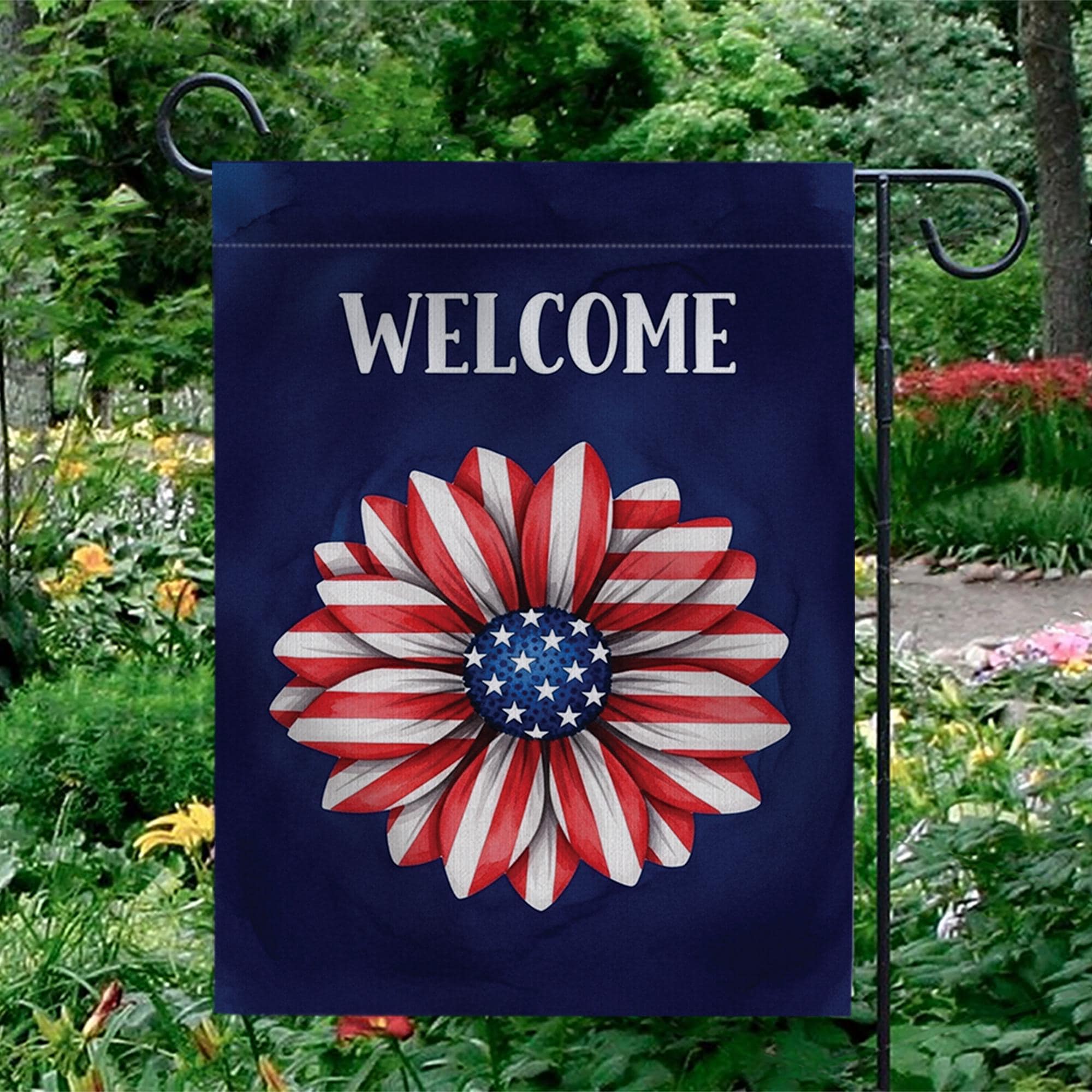Patriotic Flower Garden Flag, Welcome 4th of July Flag, Red White Blue Yard Decor, Summer Outdoor Flag, Independence Day Gift,Fourth of July