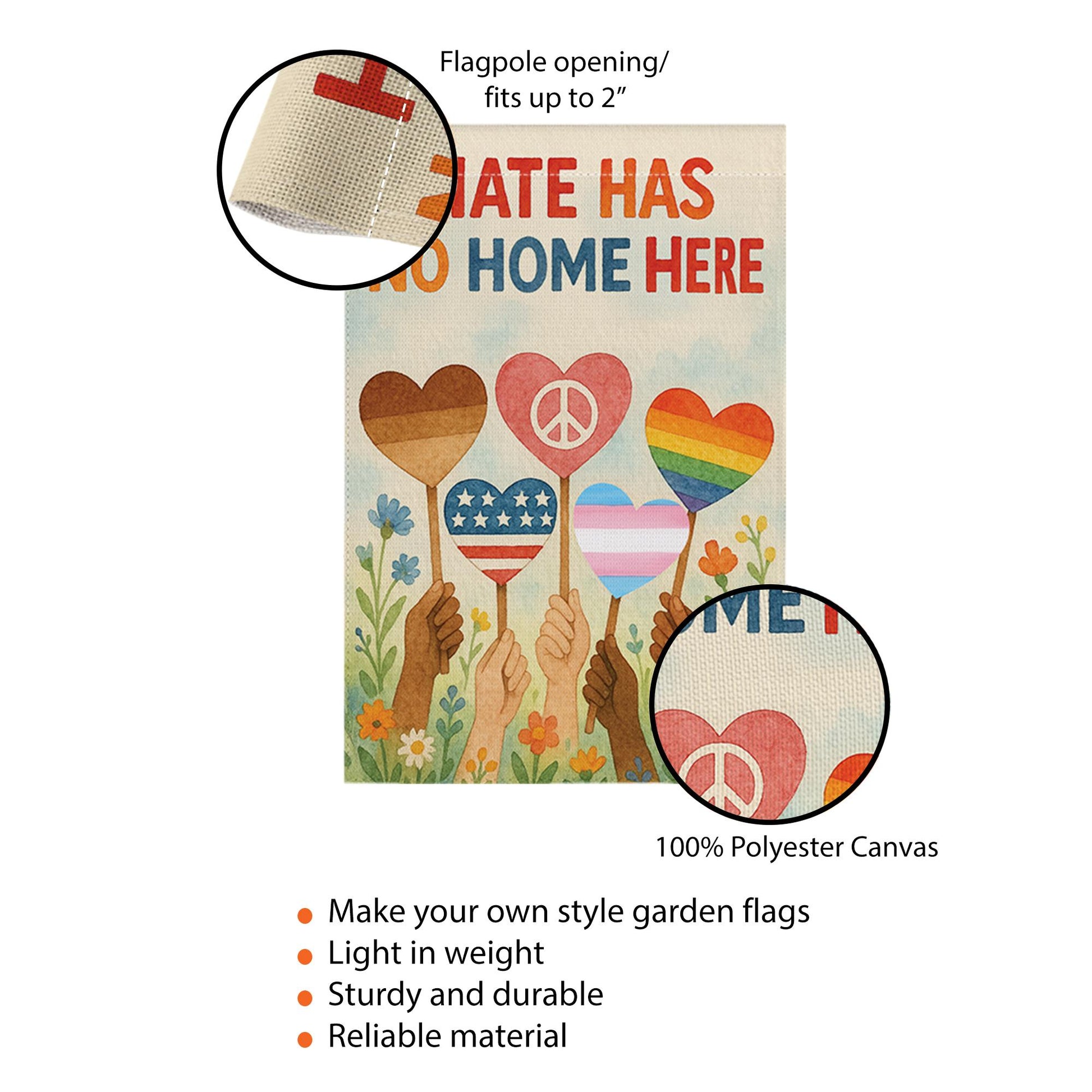 Hate Has No Home Here Garden Flag, Inclusive Yard Flag, Peace Love Equality Flag, Pride Decor, Diversity Outdoor Sign, Pride Month Decor