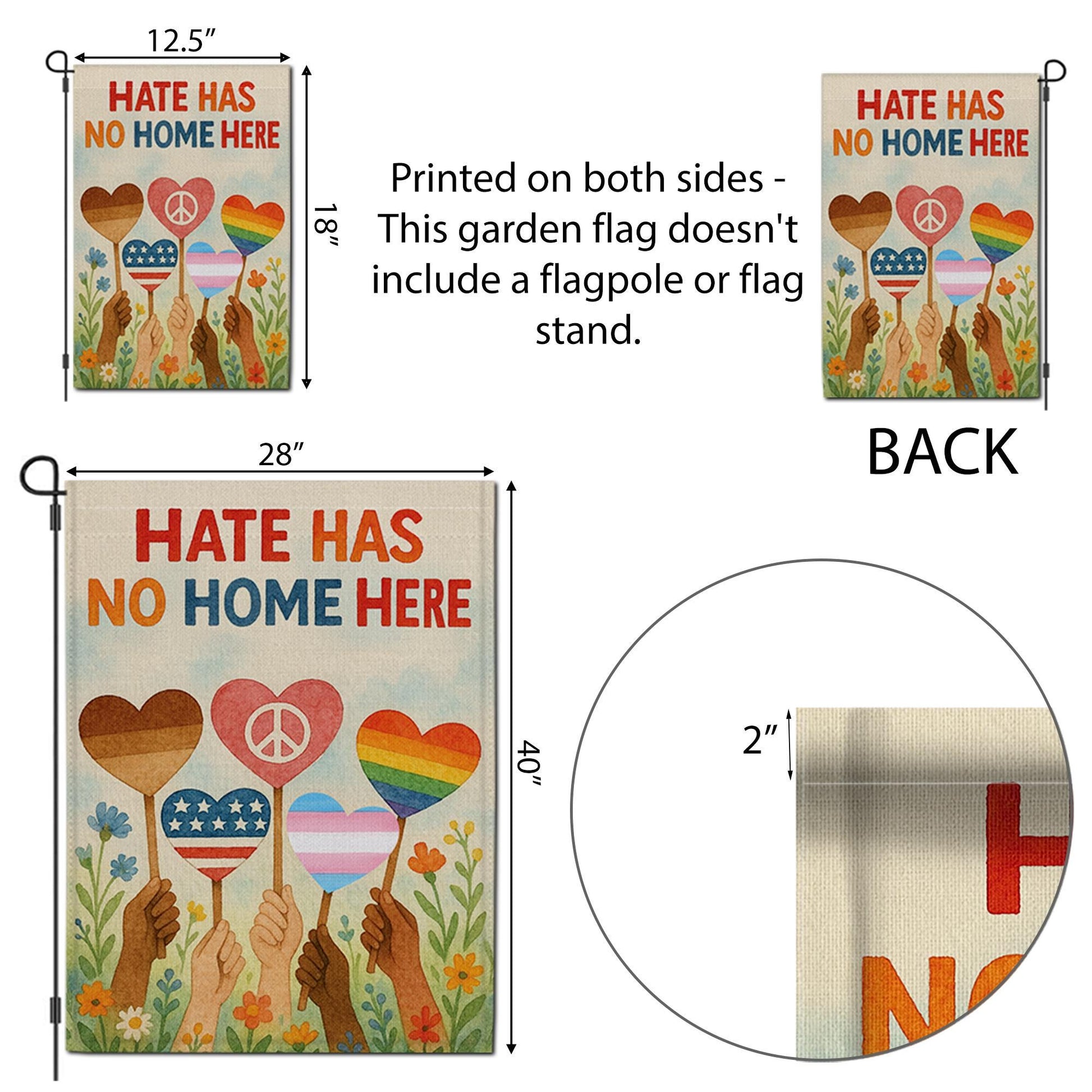 Hate Has No Home Here Garden Flag, Inclusive Yard Flag, Peace Love Equality Flag, Pride Decor, Diversity Outdoor Sign, Pride Month Decor