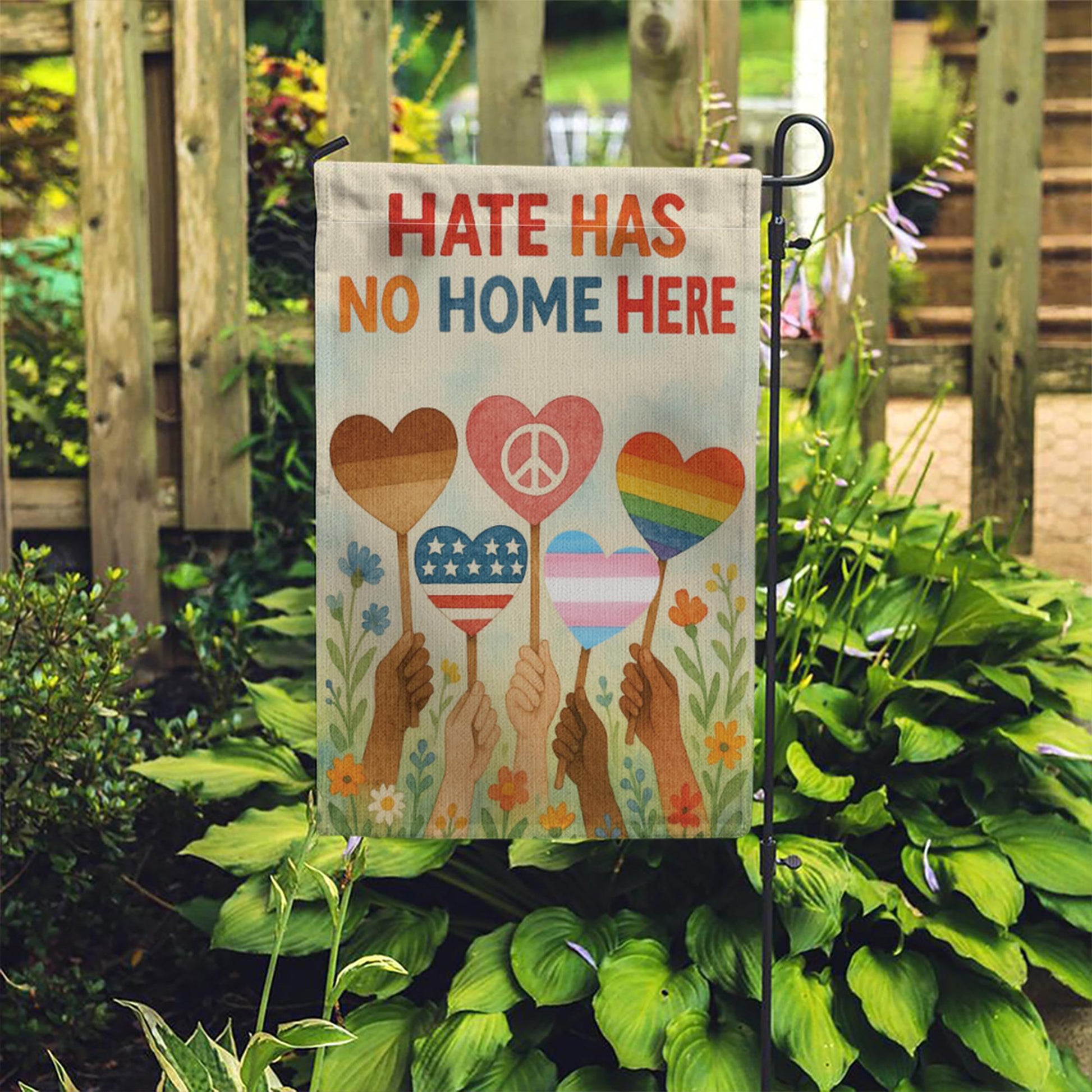 Hate Has No Home Here Garden Flag, Inclusive Yard Flag, Peace Love Equality Flag, Pride Decor, Diversity Outdoor Sign, Pride Month Decor