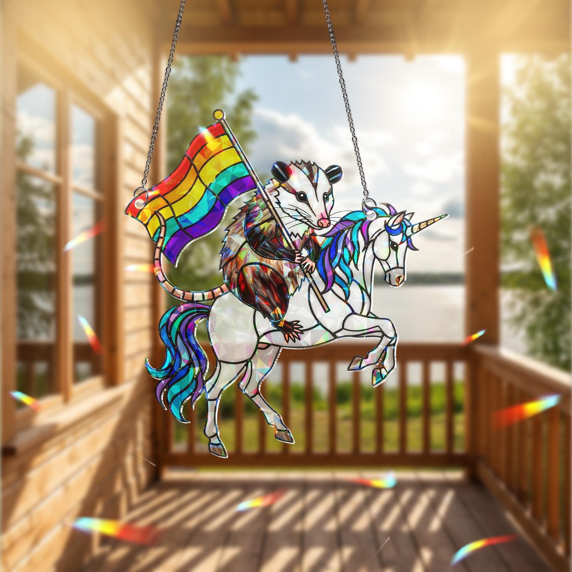 Pride Possum Unicorn Suncatcher | Holographic Acrylic Rainbow Window Decor | Funny LGBTQ+ Animal Gift | Queer Cottagecore Art